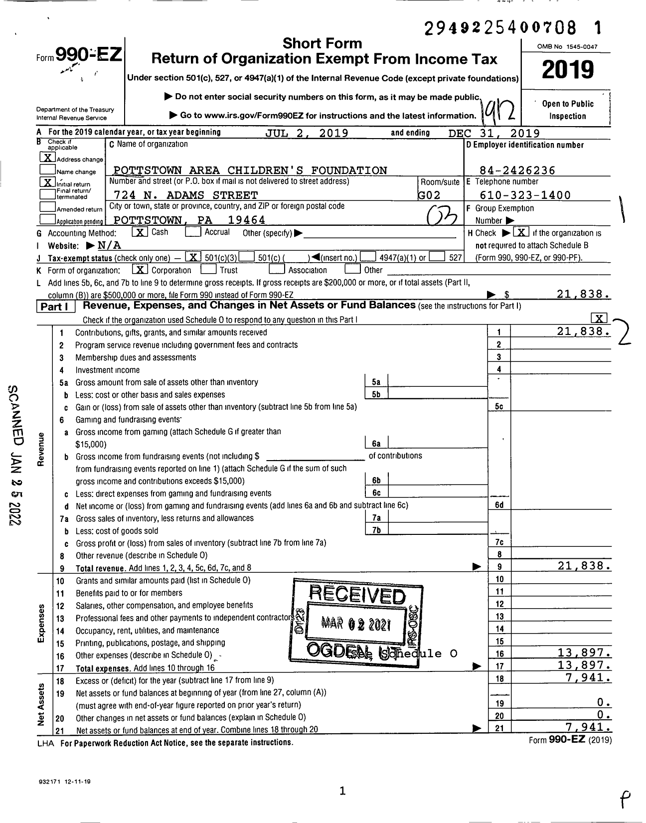 Image of first page of 2019 Form 990EZ for Pottstown Area Children's Foundation