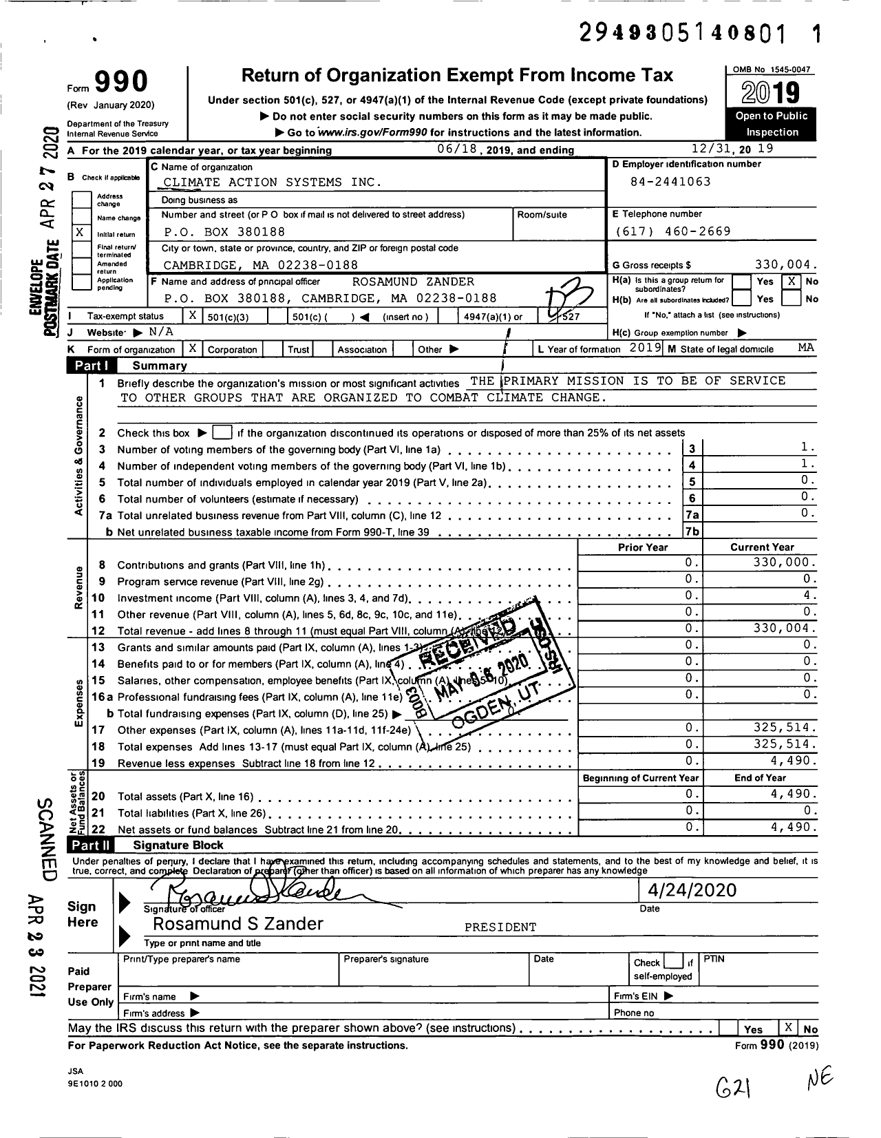 Image of first page of 2019 Form 990 for Climate Action Systems