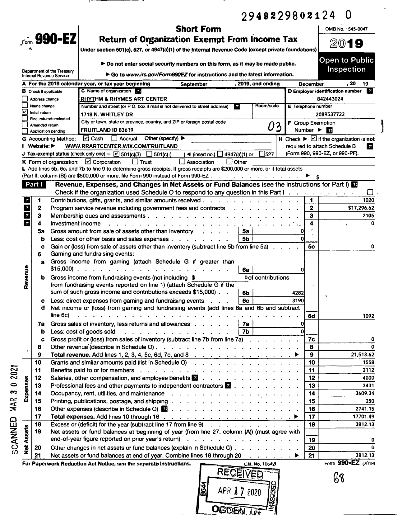 Image of first page of 2019 Form 990EZ for Rhythm and Rhymes Art Center