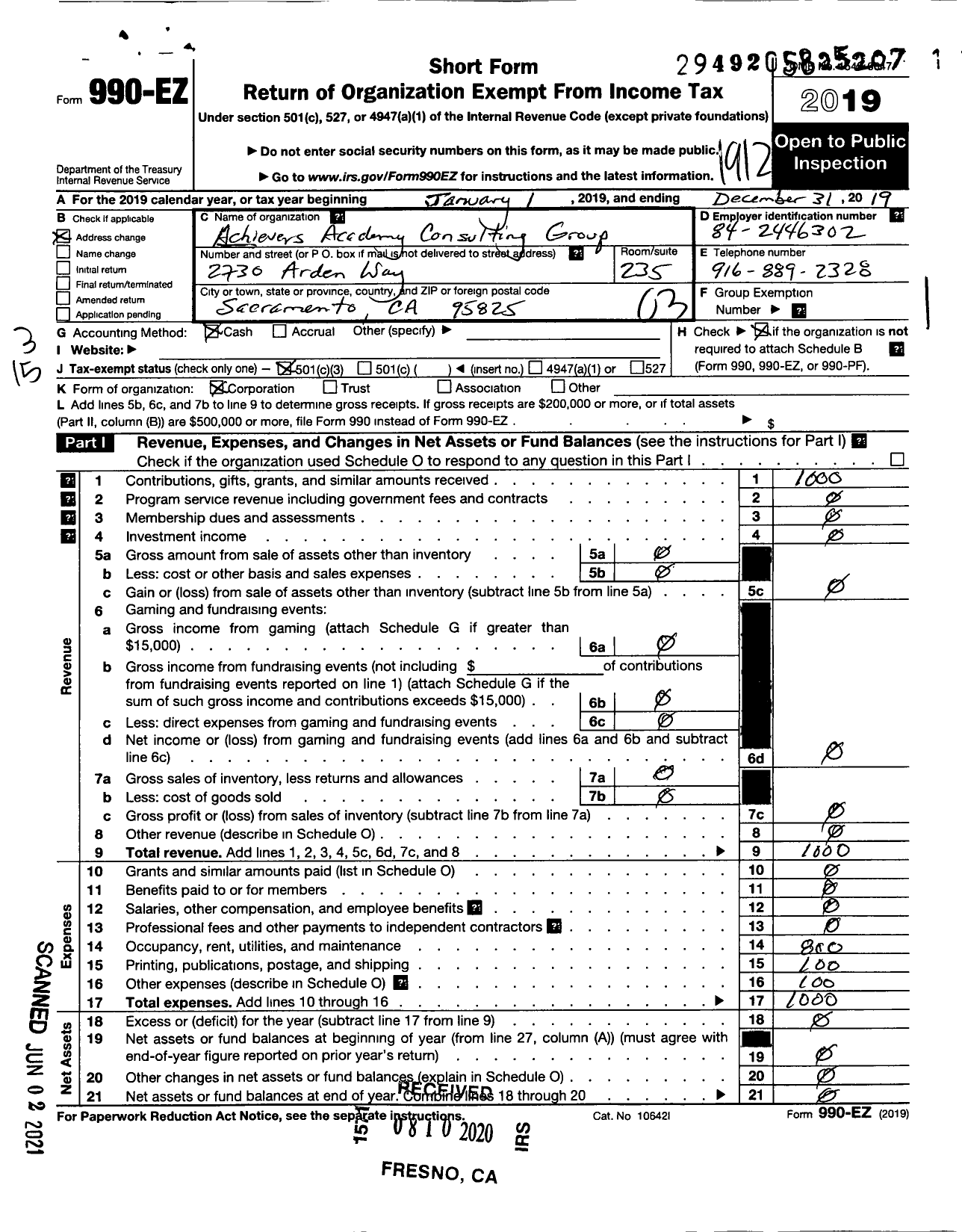 Image of first page of 2019 Form 990EZ for Achievers Academy Consulting Group