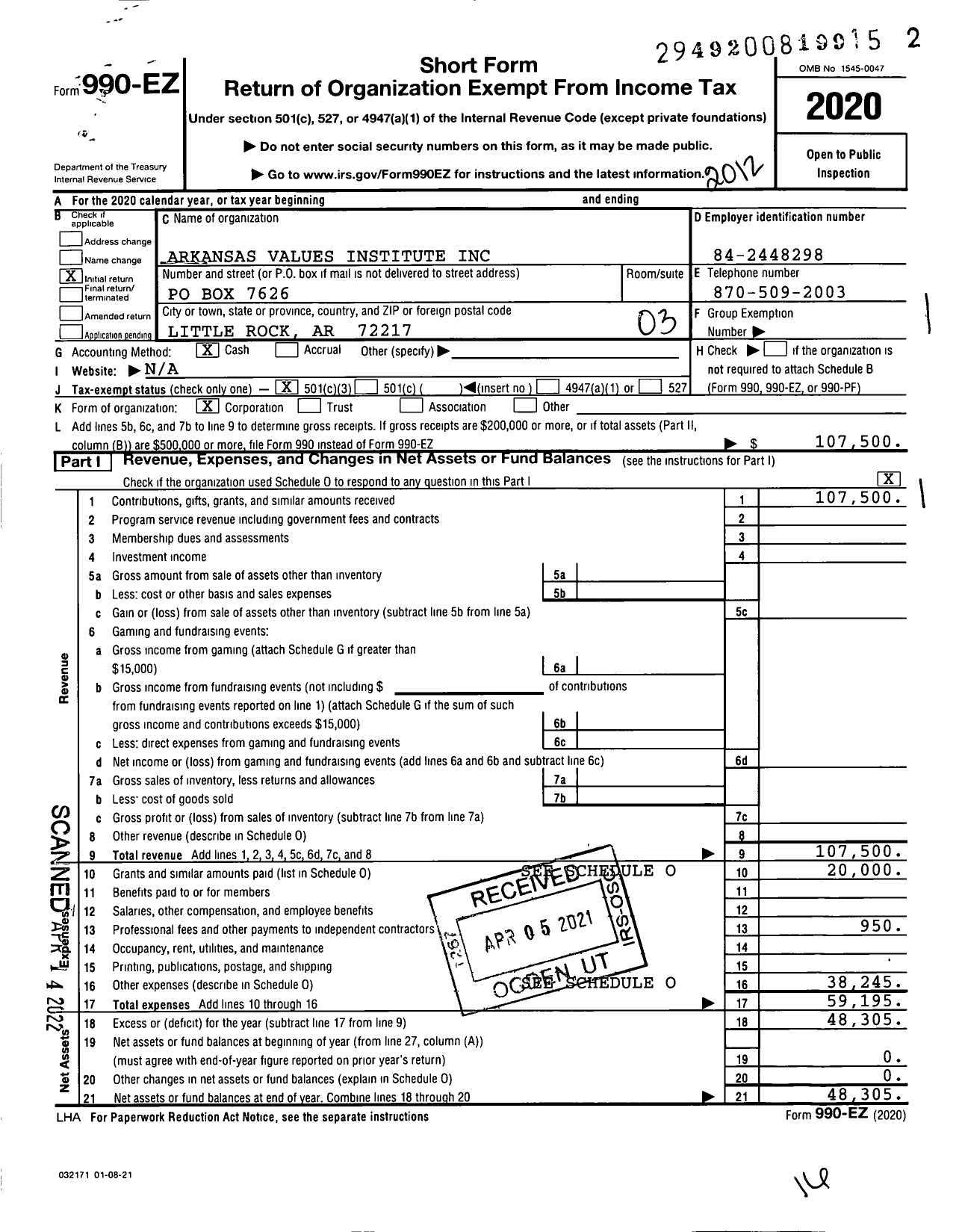 Image of first page of 2020 Form 990EZ for Arkansas Values Institute