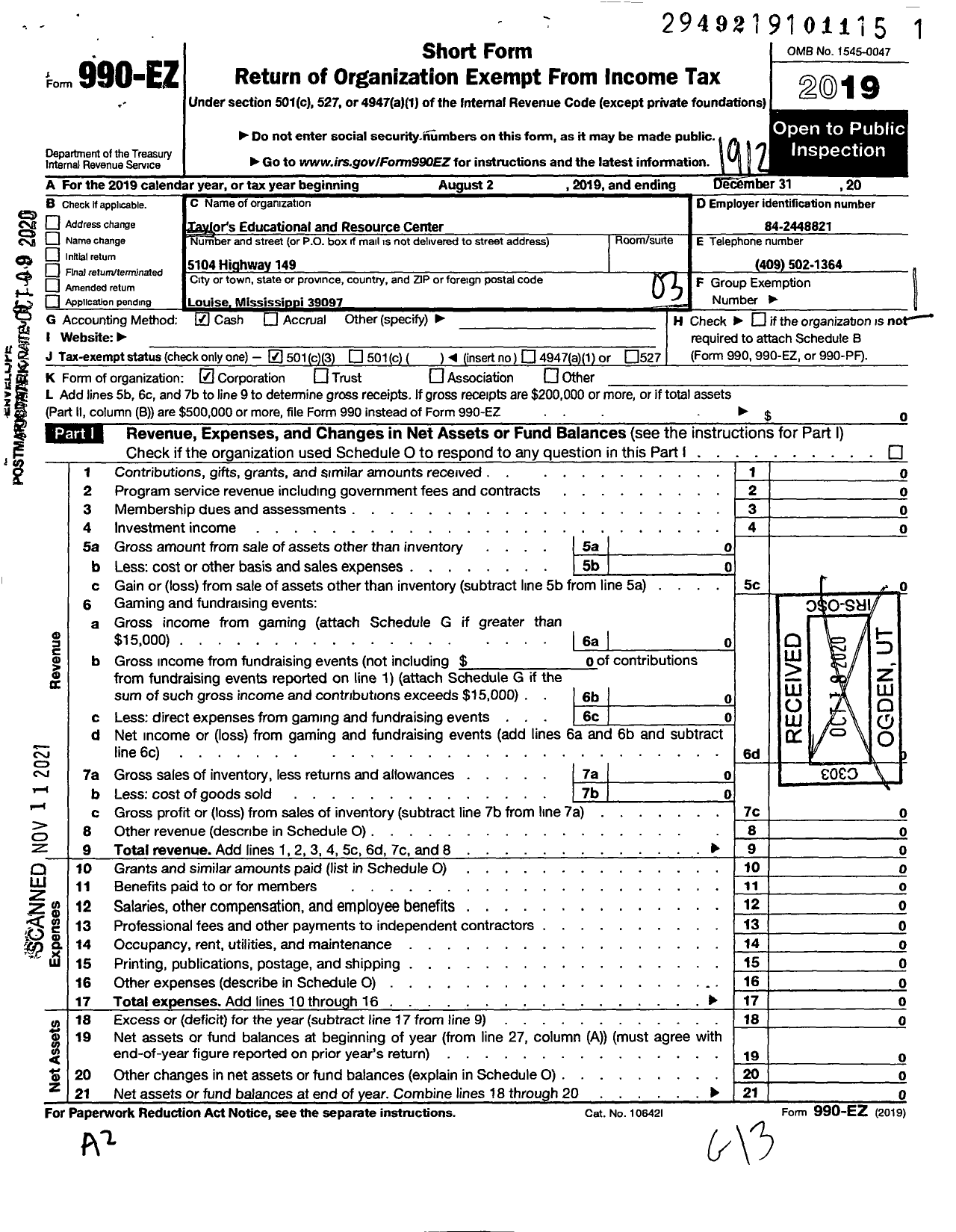 Image of first page of 2019 Form 990EZ for Taylors Educational and Resource Center