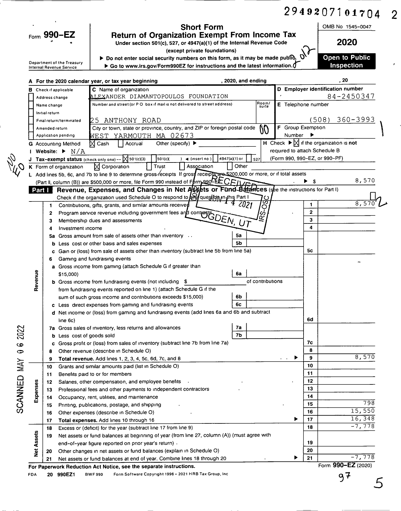 Image of first page of 2020 Form 990EO for Alexander Diamantopoulos Foundation