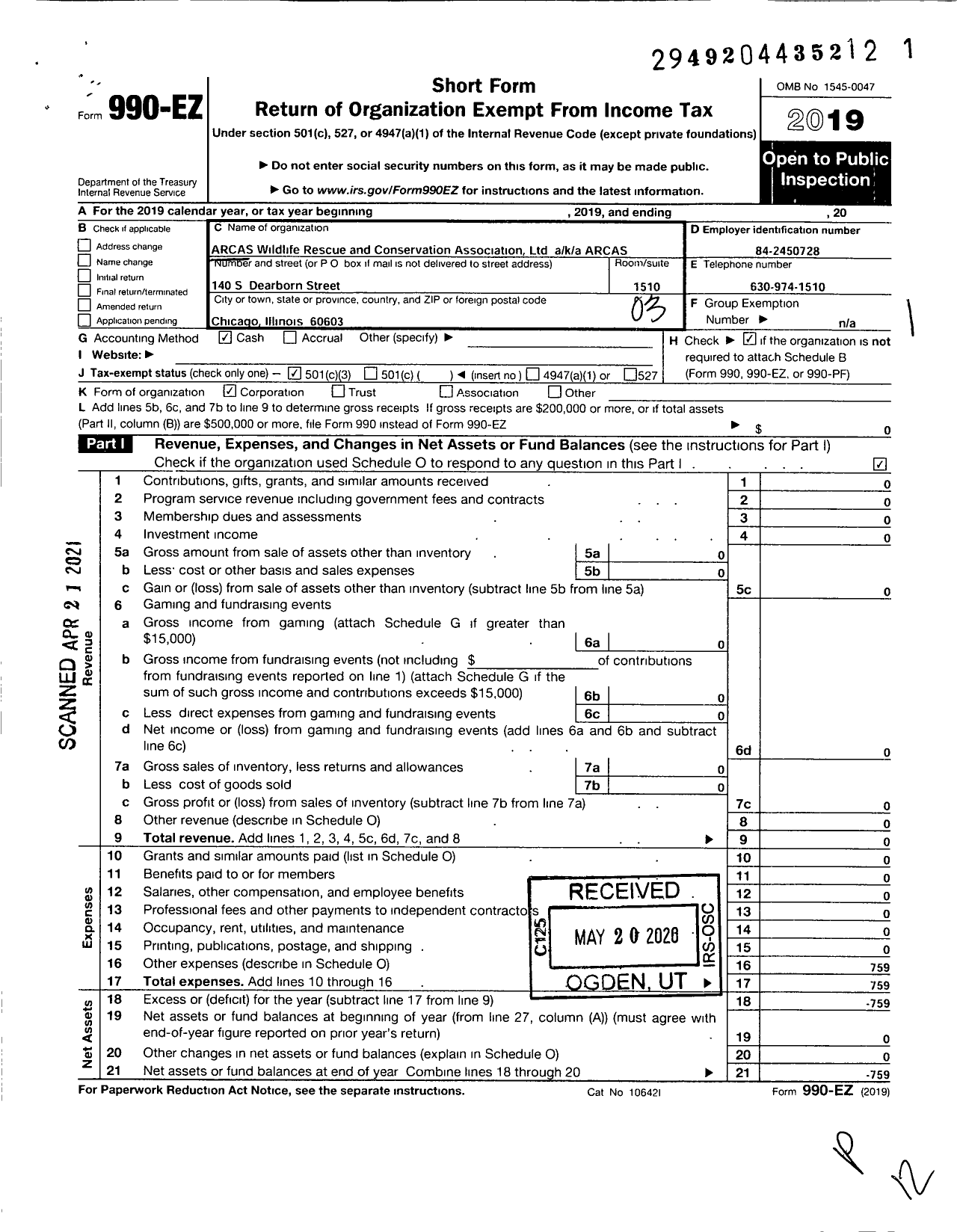 Image of first page of 2019 Form 990EZ for Arcas