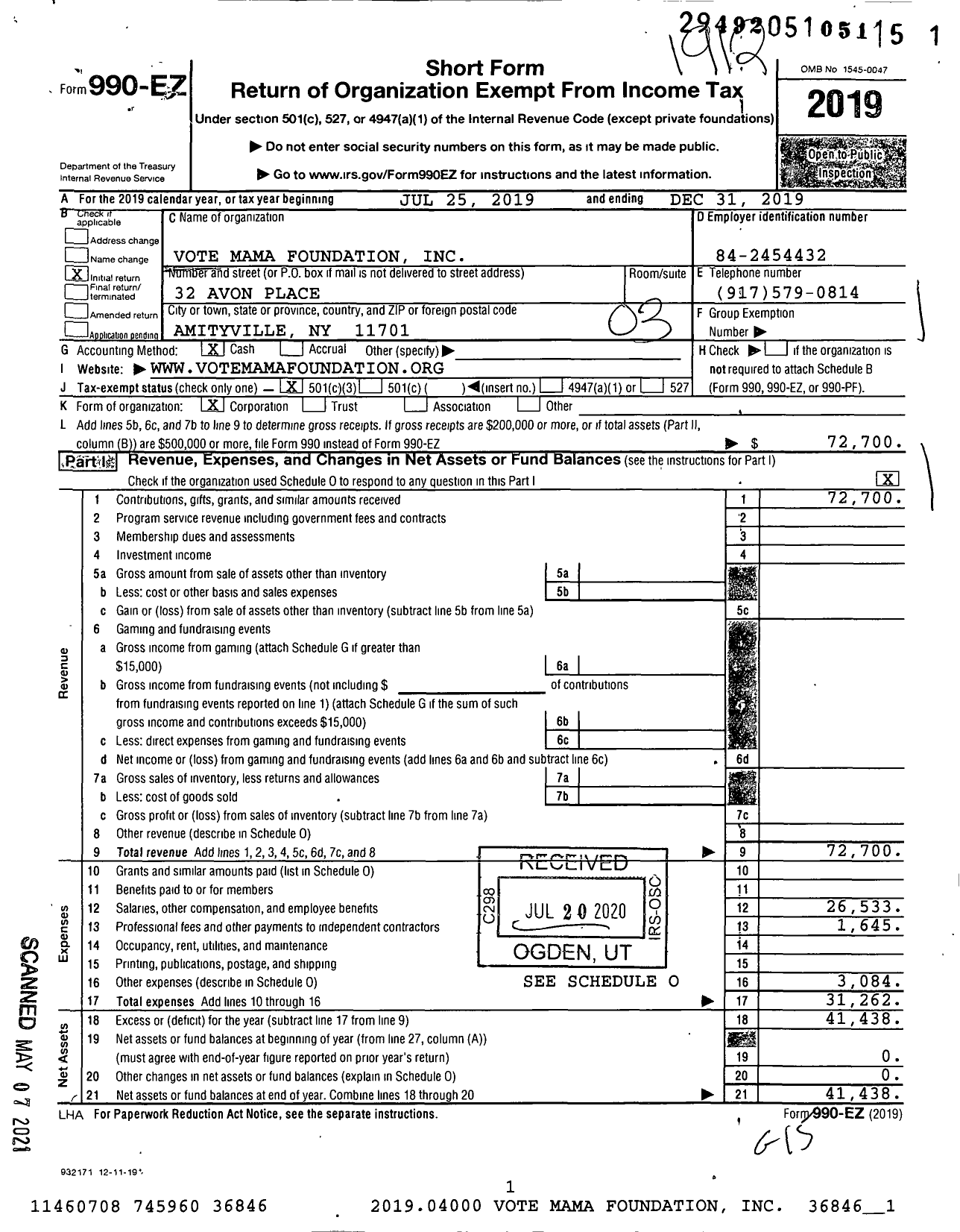 Image of first page of 2019 Form 990EZ for Vote Mama Foundation