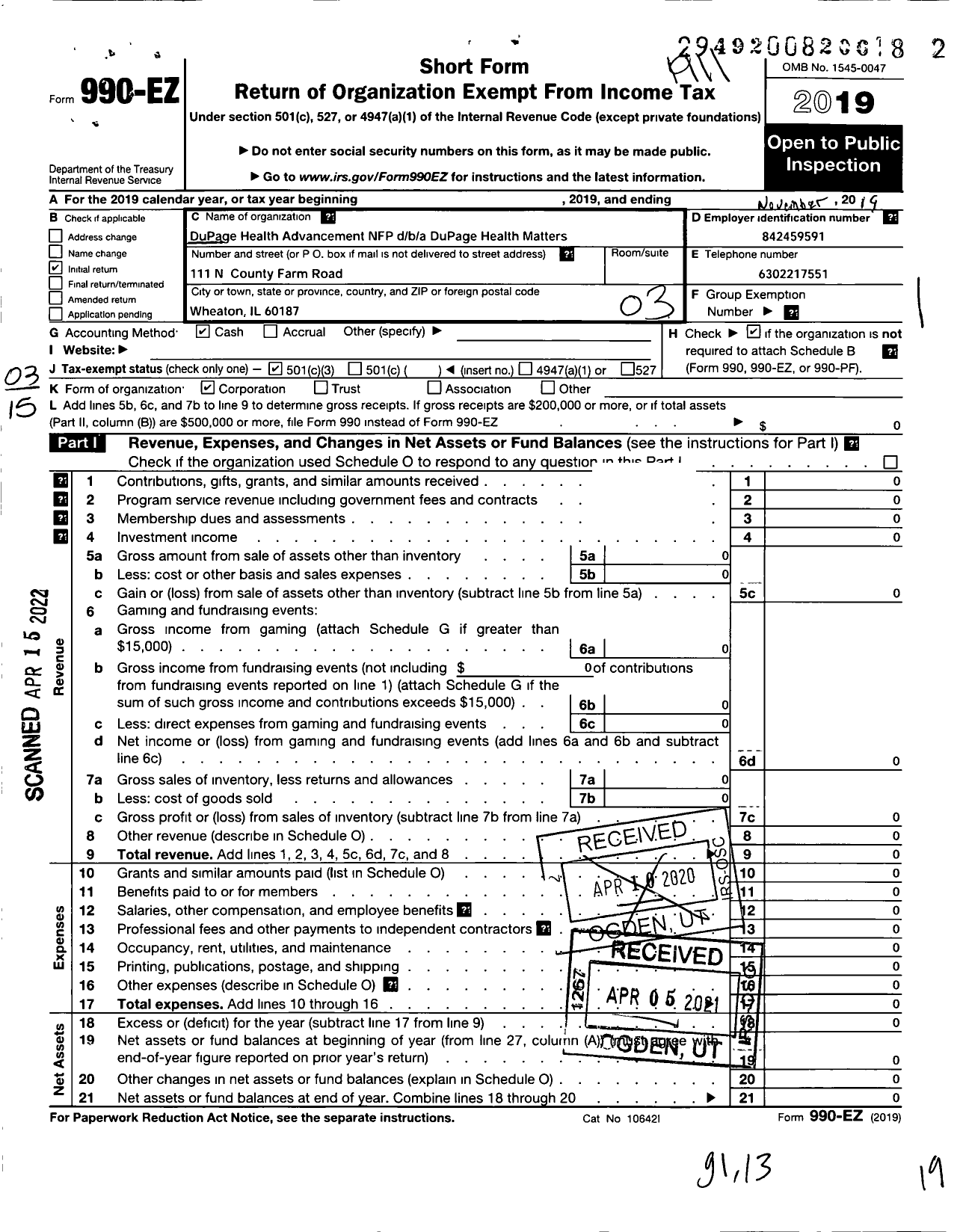 Image of first page of 2018 Form 990EZ for Dupage Health Advancement NFP