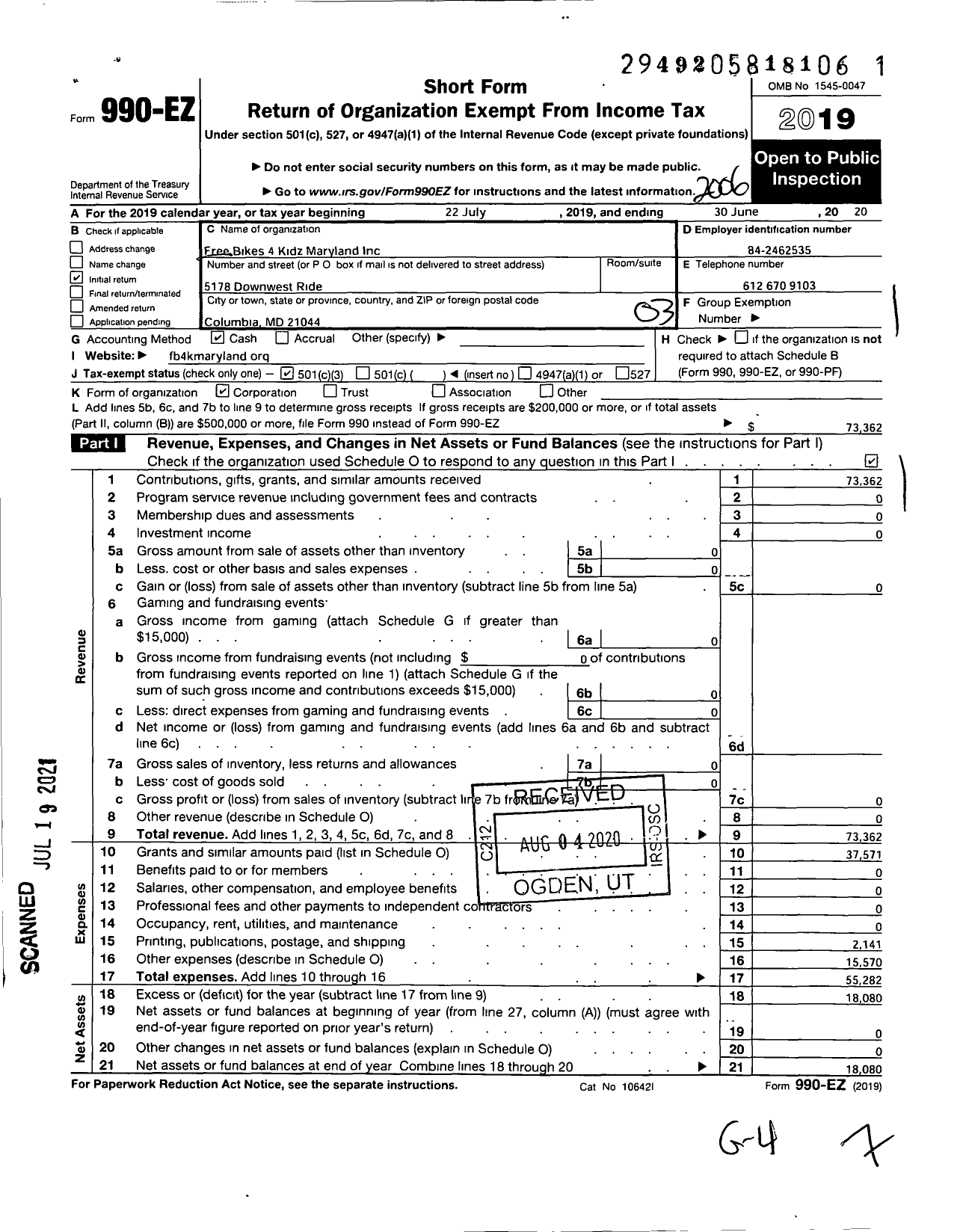 Image of first page of 2019 Form 990EZ for Free BIKES 4 Kidz Maryland Free BIKES 4 Kidz Maryland