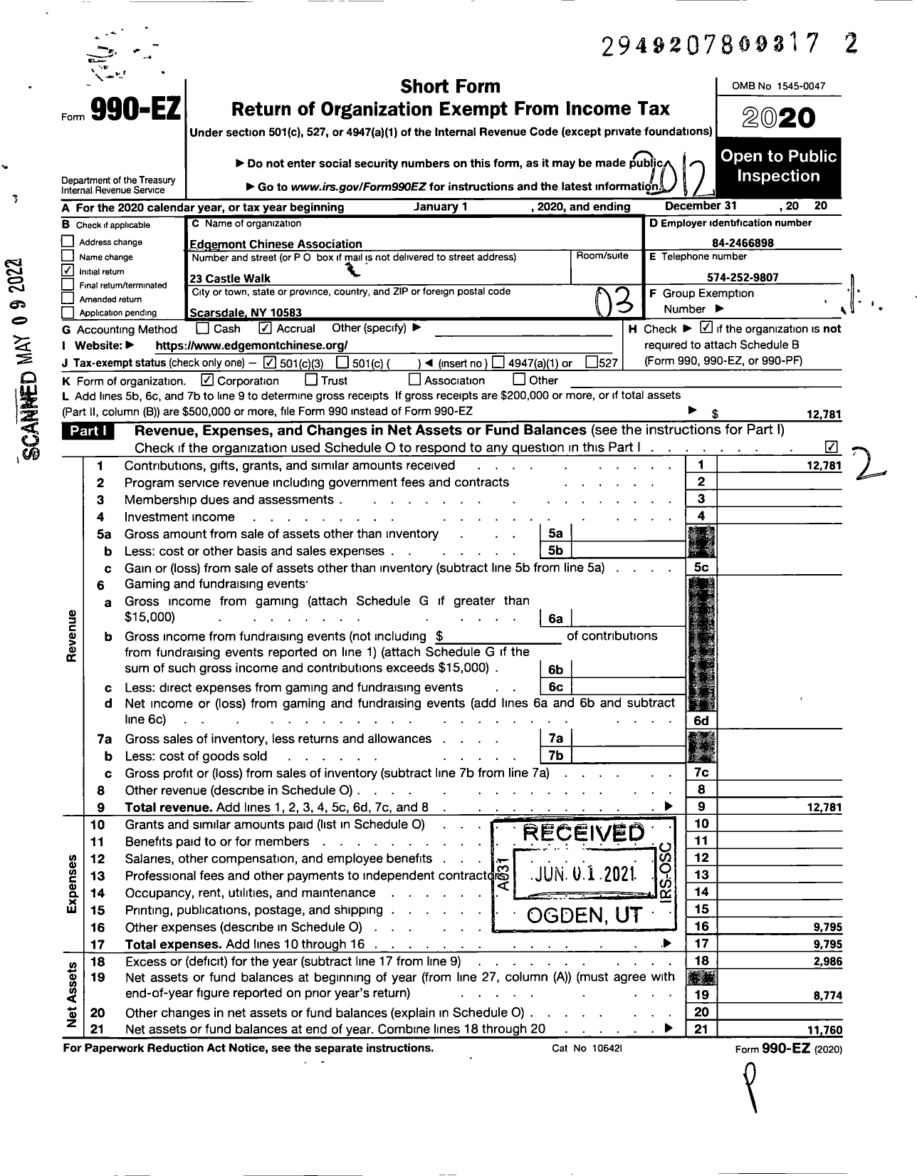 Image of first page of 2020 Form 990EZ for Edgemont Chinese Association