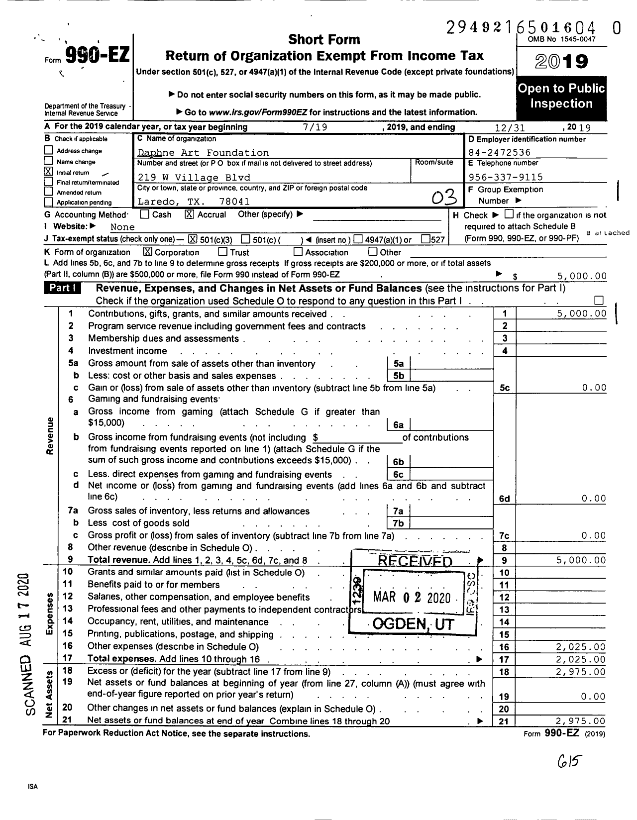 Image of first page of 2019 Form 990EZ for Cultivarte