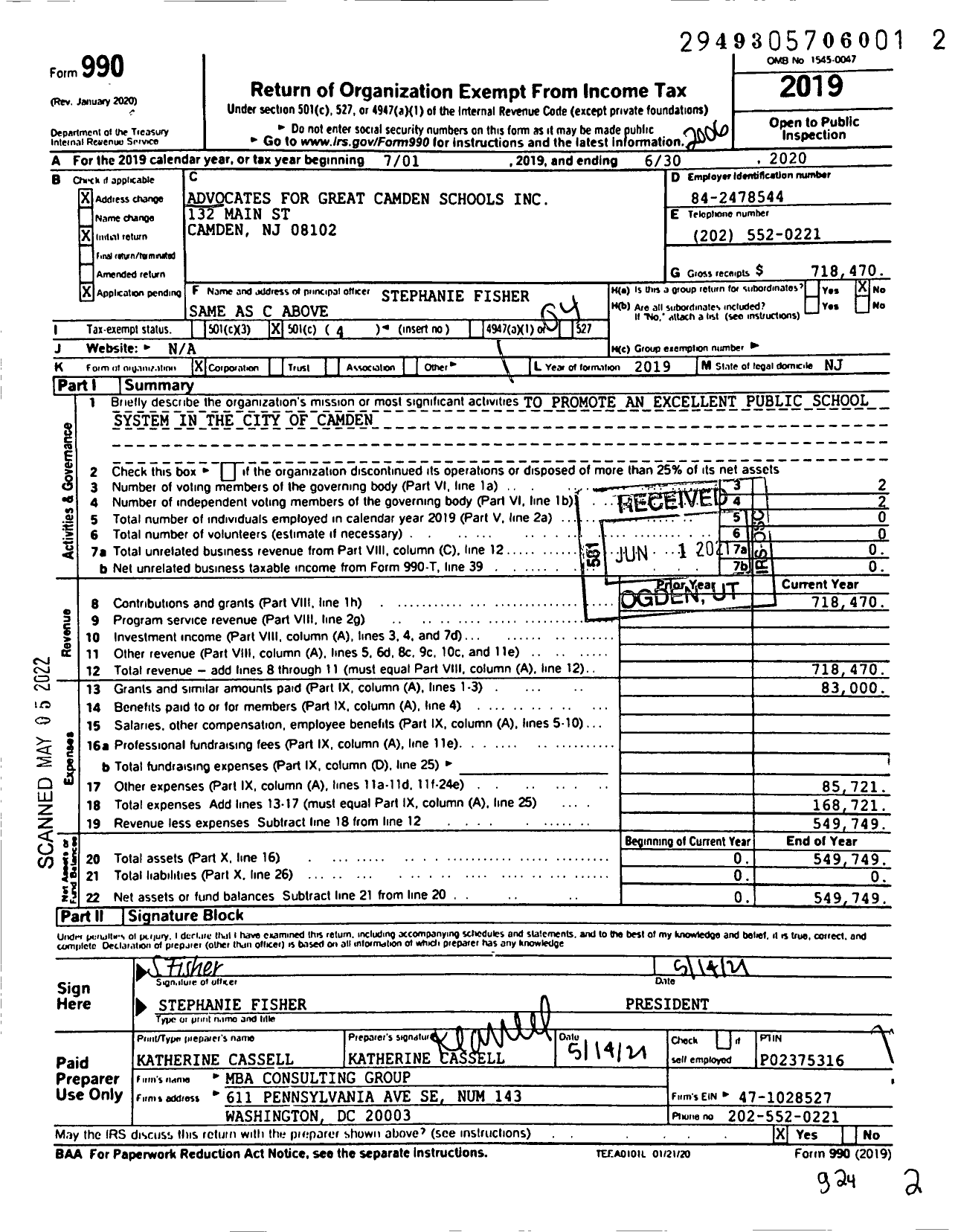 Image of first page of 2019 Form 990O for Advocates for Great Camden Schools