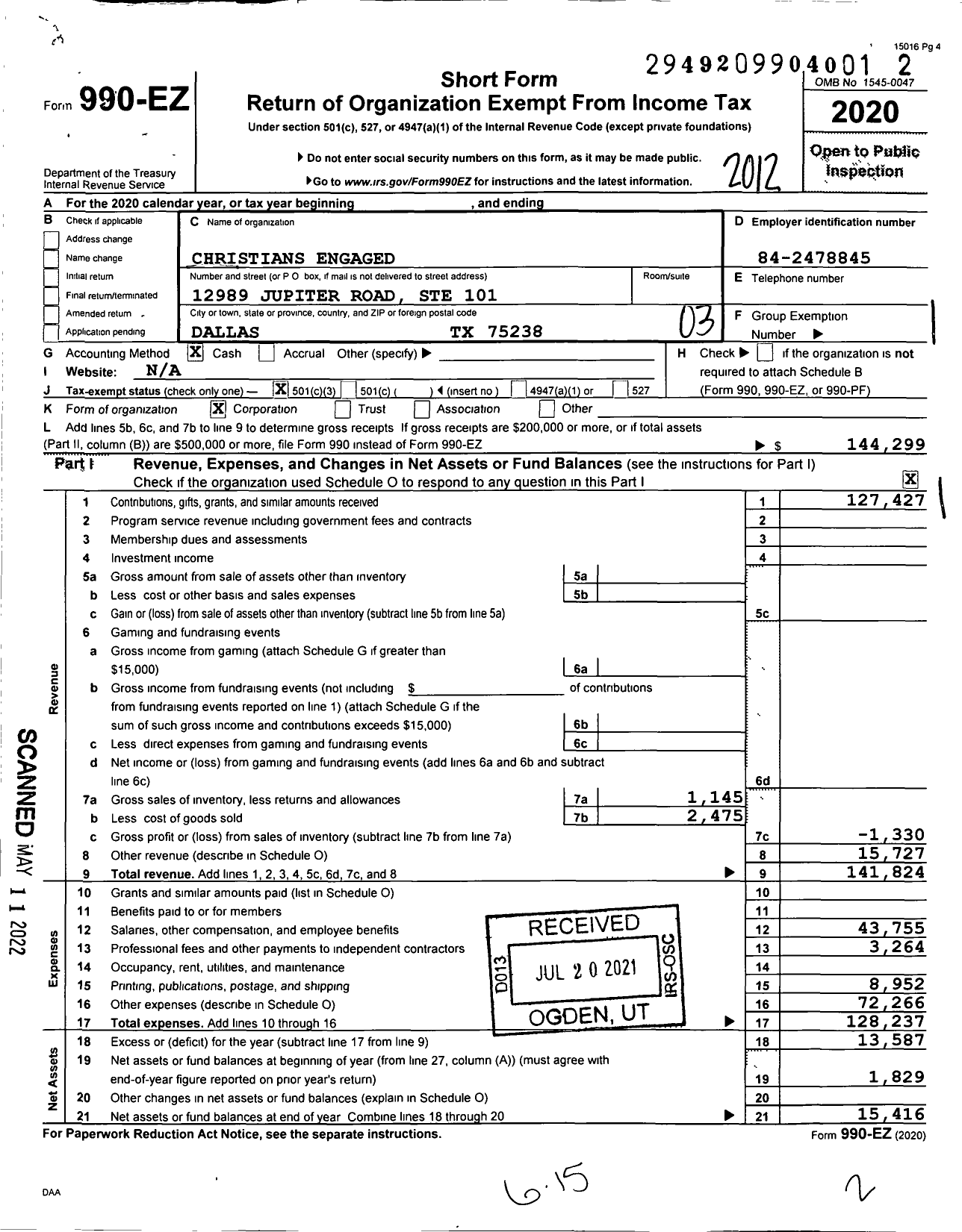 Image of first page of 2020 Form 990EZ for Christians Engaged