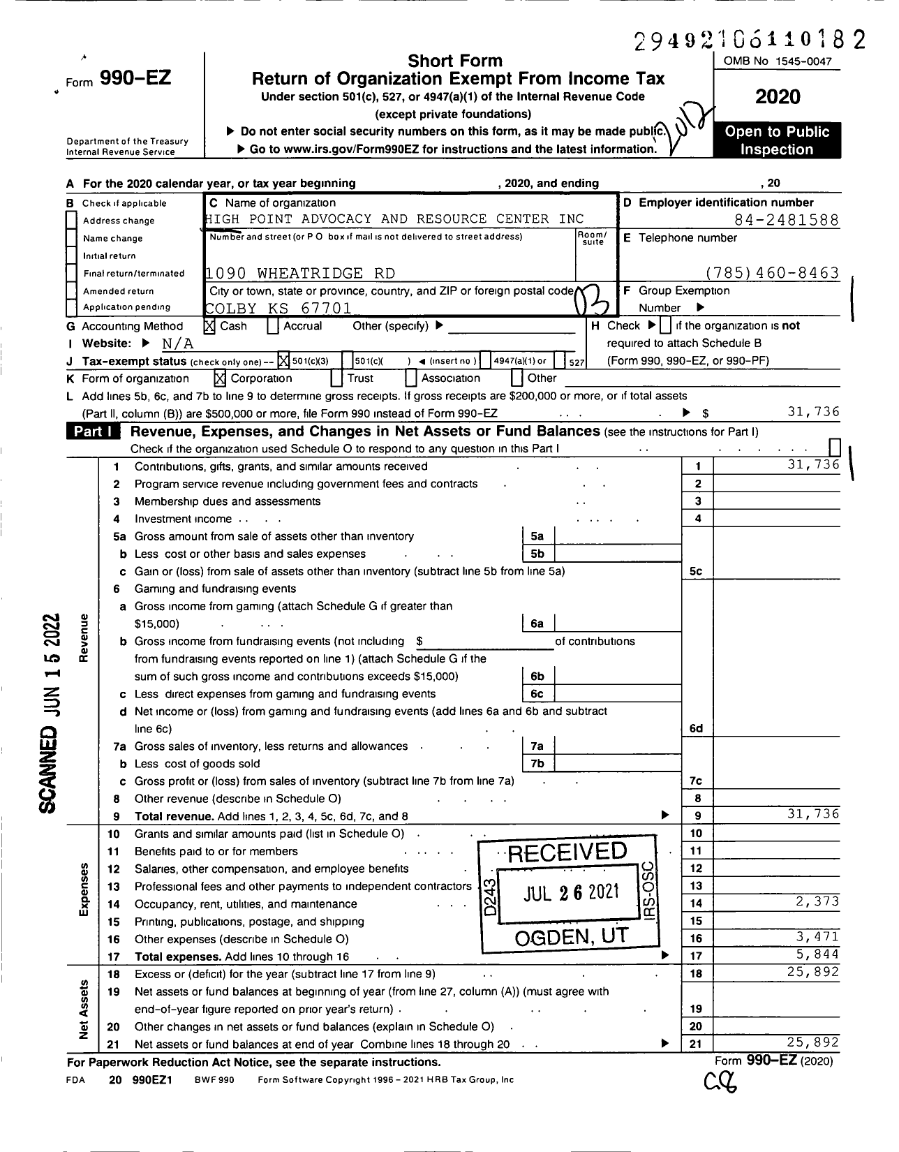 Image of first page of 2020 Form 990EZ for High Point Advocacy and Resource Center