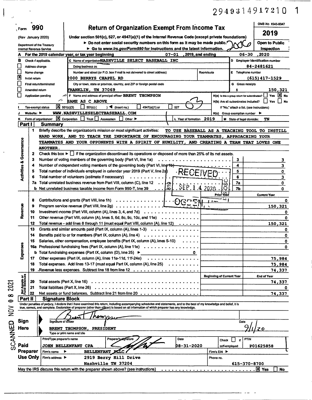 Image of first page of 2019 Form 990 for Nashville Select Baseball