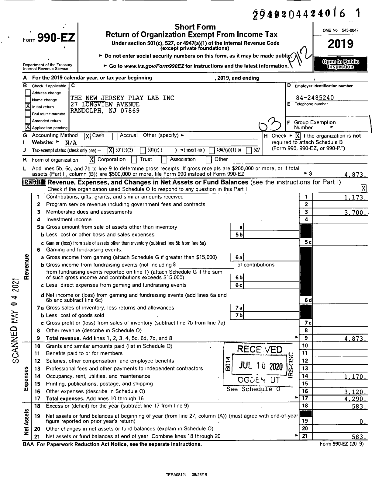 Image of first page of 2019 Form 990EZ for The New Jersey Play Lab