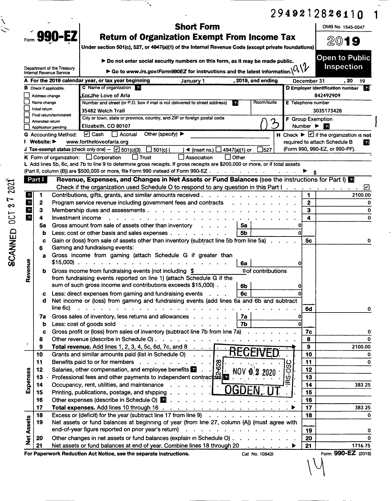 Image of first page of 2019 Form 990EZ for For the Love of Aria