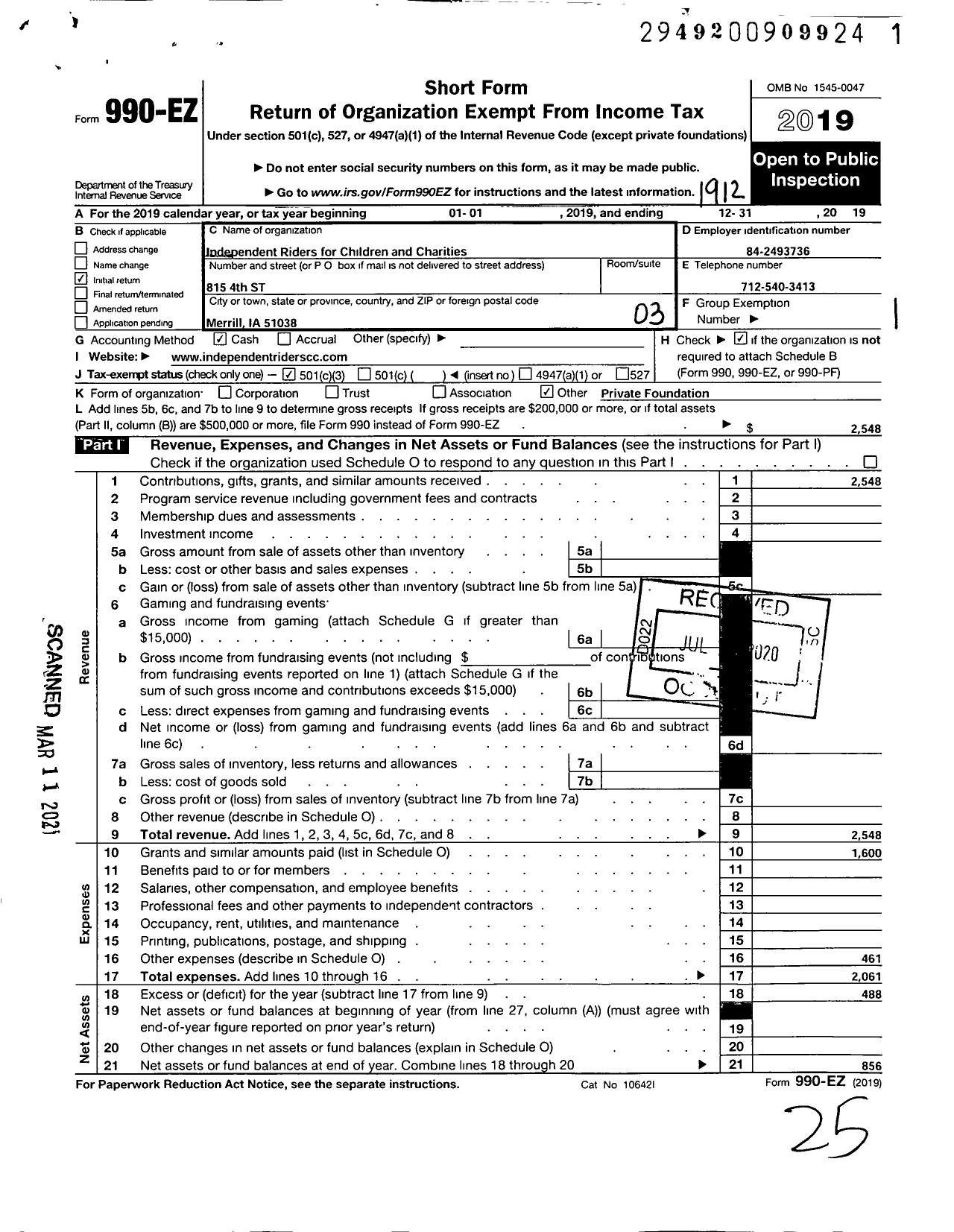 Image of first page of 2019 Form 990EZ for Independent Riders for Children and Charities