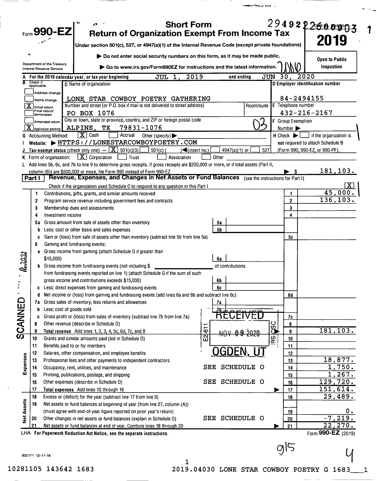 Image of first page of 2019 Form 990EZ for Lone Star Cowboy Poetry Gathering