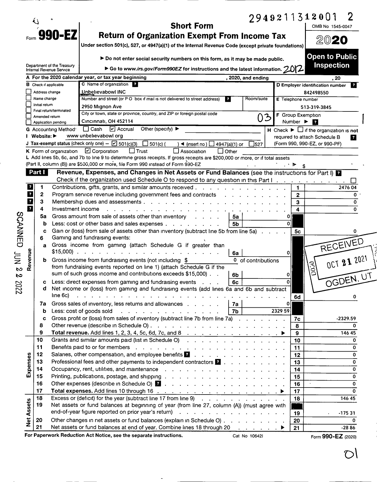 Image of first page of 2020 Form 990EZ for Unbelievabowl