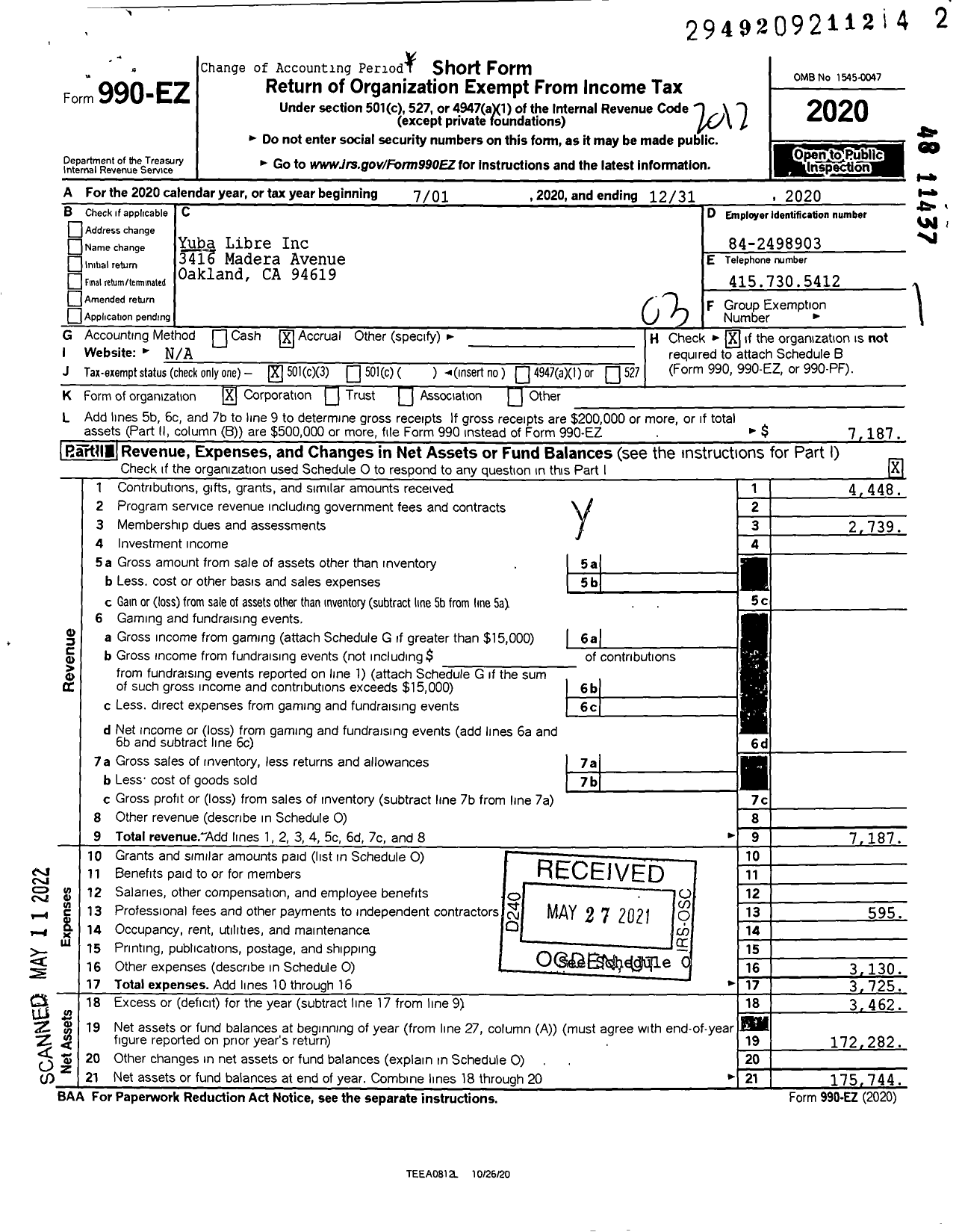 Image of first page of 2020 Form 990EZ for Yuba Libre