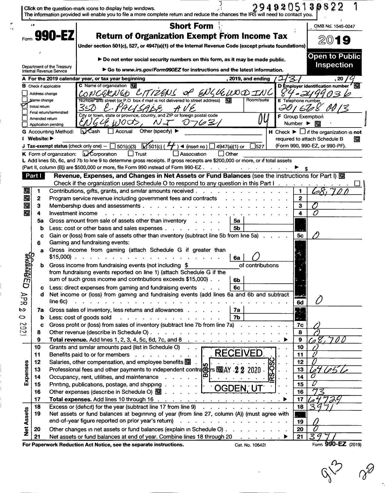 Image of first page of 2019 Form 990EO for Concerned Citizens of Englewood