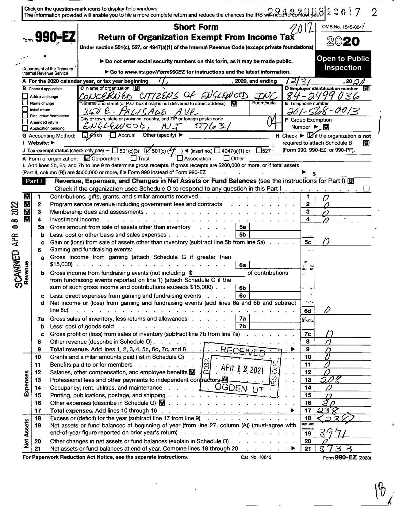 Image of first page of 2020 Form 990EO for Concerned Citizens of Englewood