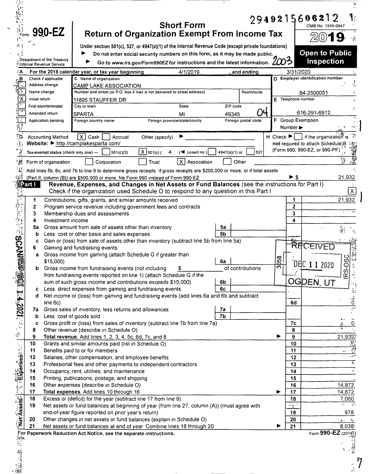 Image of first page of 2019 Form 990EO for Camp Lake Association