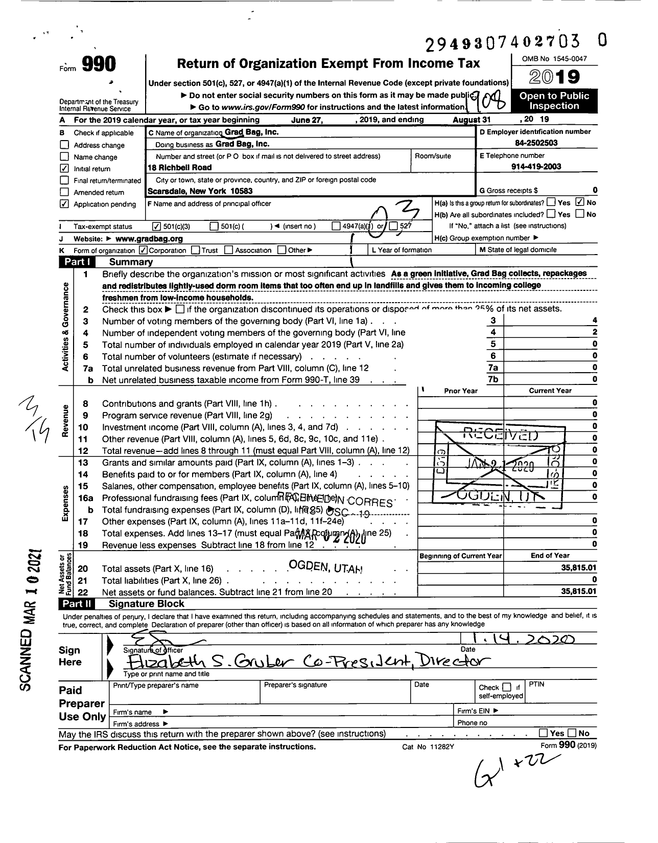 Image of first page of 2018 Form 990 for Grad Bag