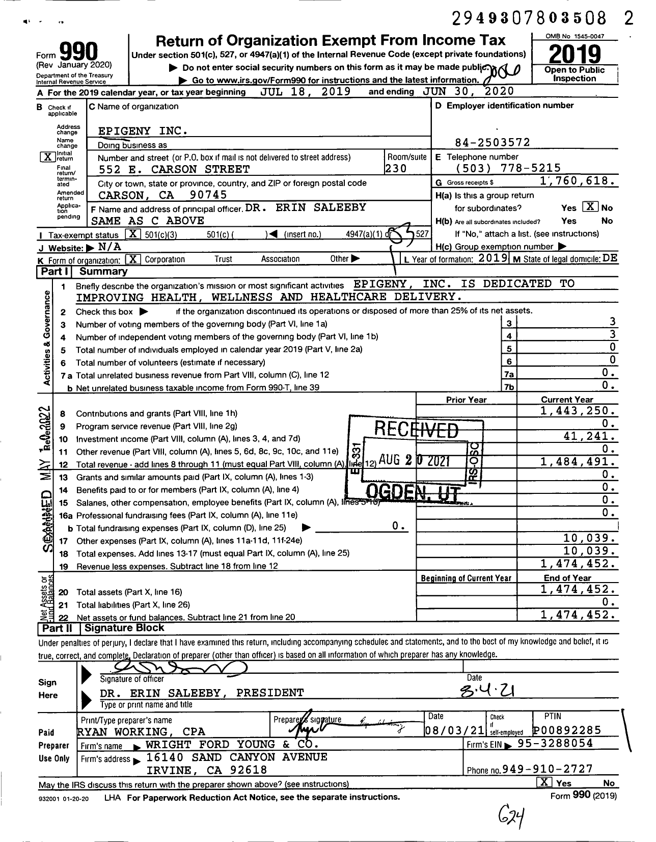 Image of first page of 2019 Form 990 for Epigeny