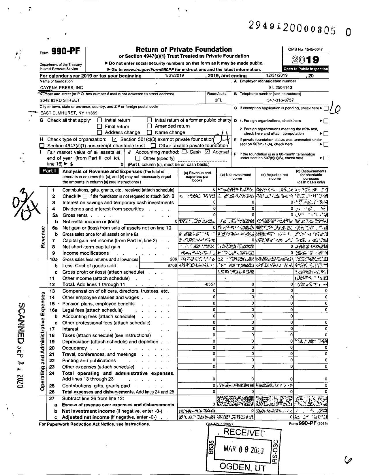 Image of first page of 2019 Form 990PR for Cayena Press