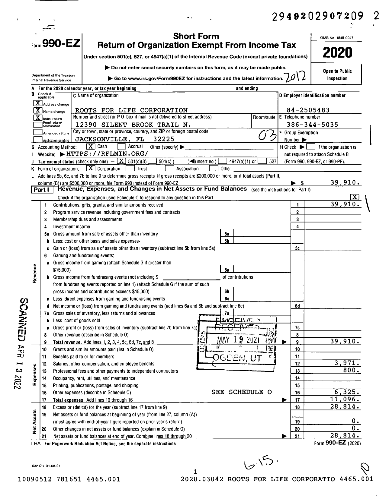 Image of first page of 2020 Form 990EZ for Roots for Life Corporation