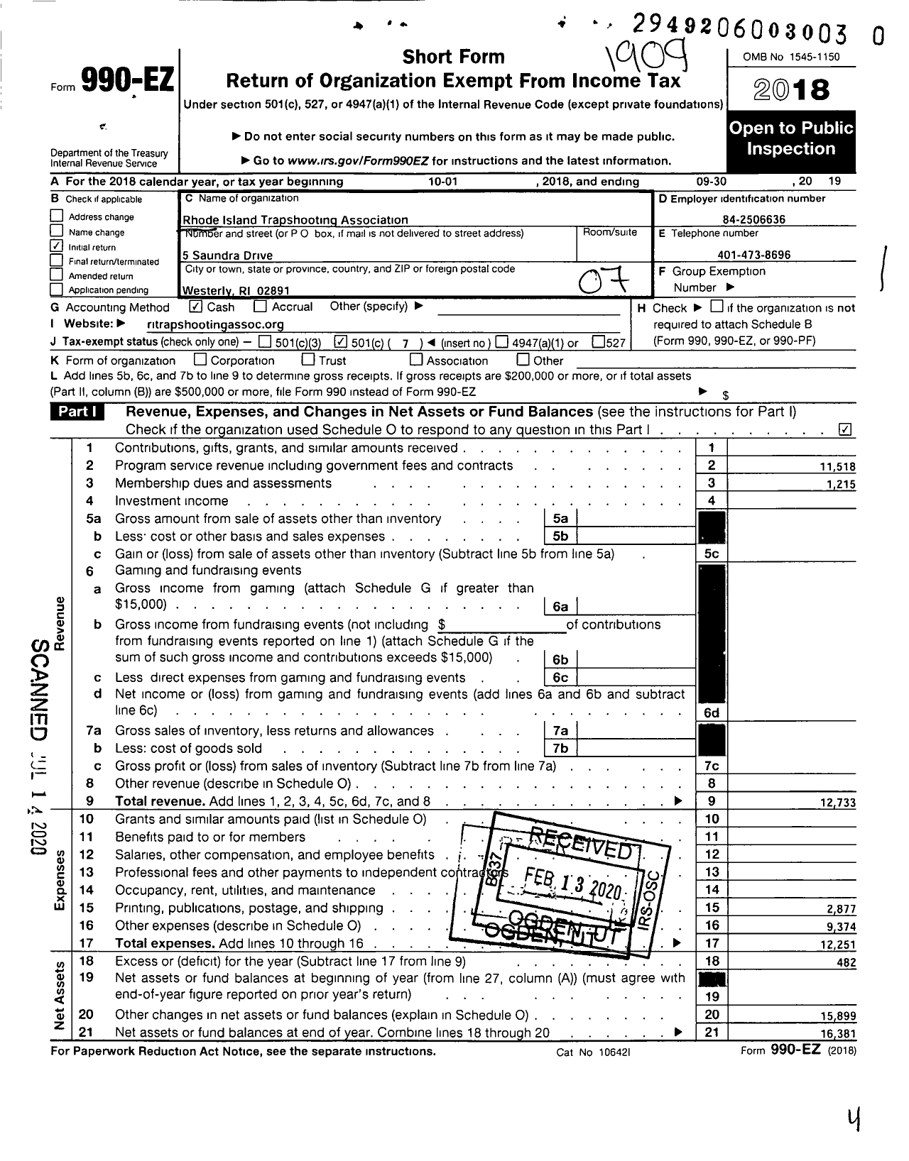 Image of first page of 2018 Form 990EO for Rhode Island Trapshooting Association