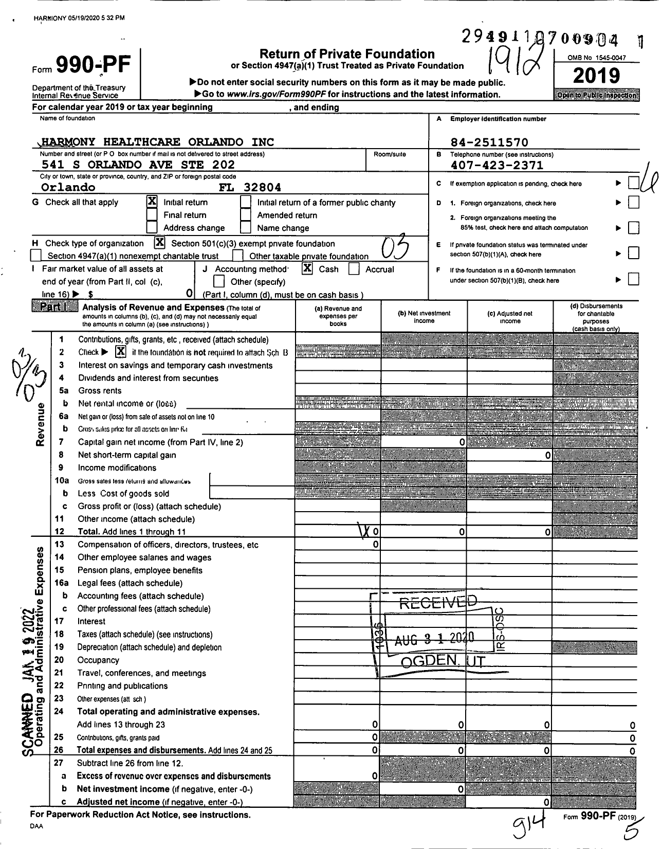 Image of first page of 2019 Form 990PF for Harmony Healthcare Orlando