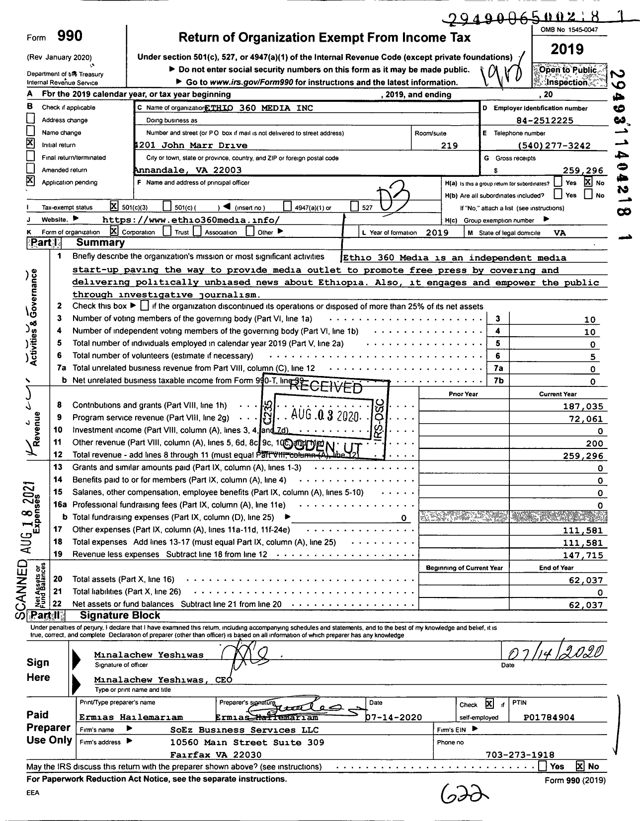 Image of first page of 2019 Form 990 for Ethio 360 Media