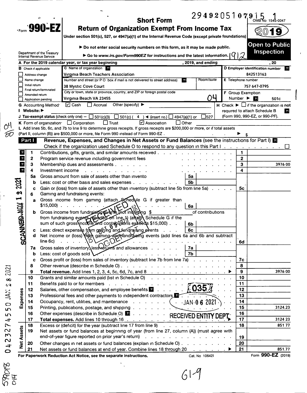 Image of first page of 2019 Form 990EO for Virginia Beach Teachers Association