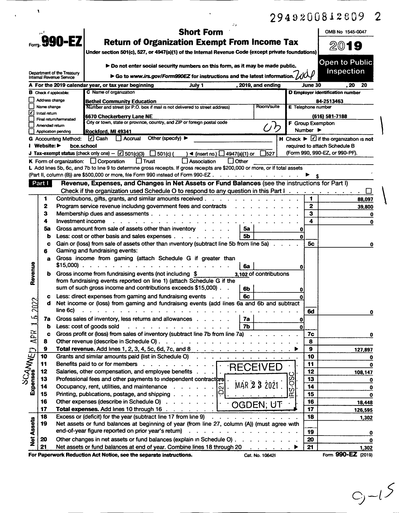 Image of first page of 2019 Form 990EZ for Bethel Community Education