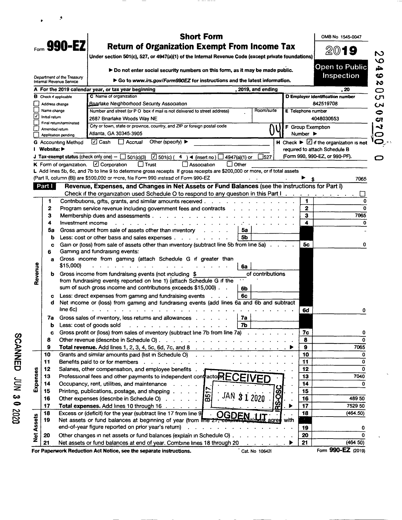 Image of first page of 2019 Form 990EO for Briarlake Neighborhood Security Association