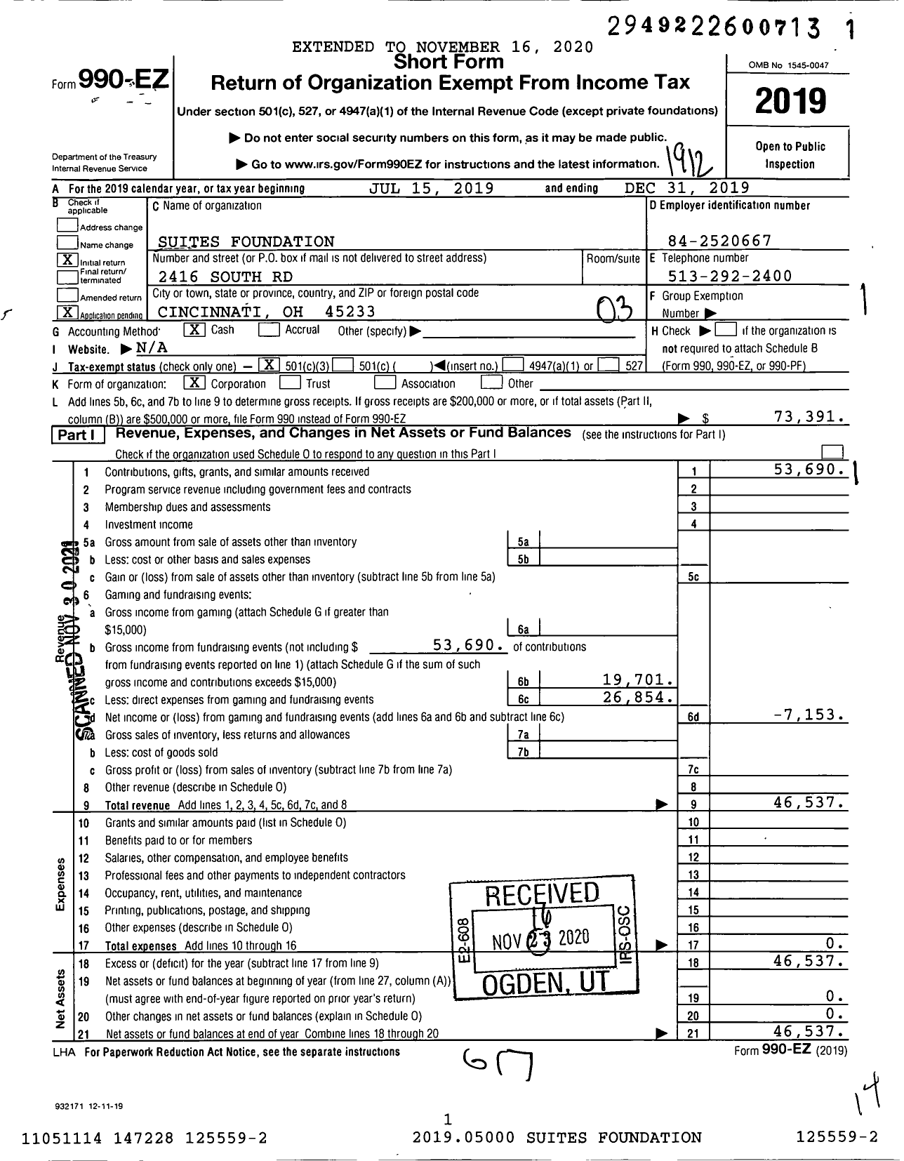 Image of first page of 2019 Form 990EZ for Suites Foundation