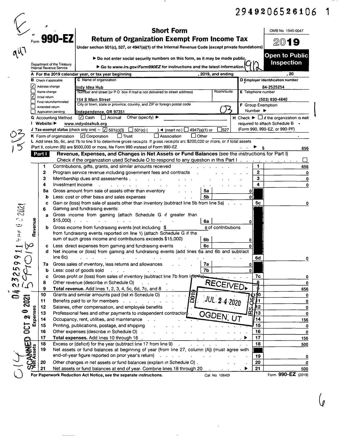 Image of first page of 2019 Form 990EZ for Indy Idea Hub