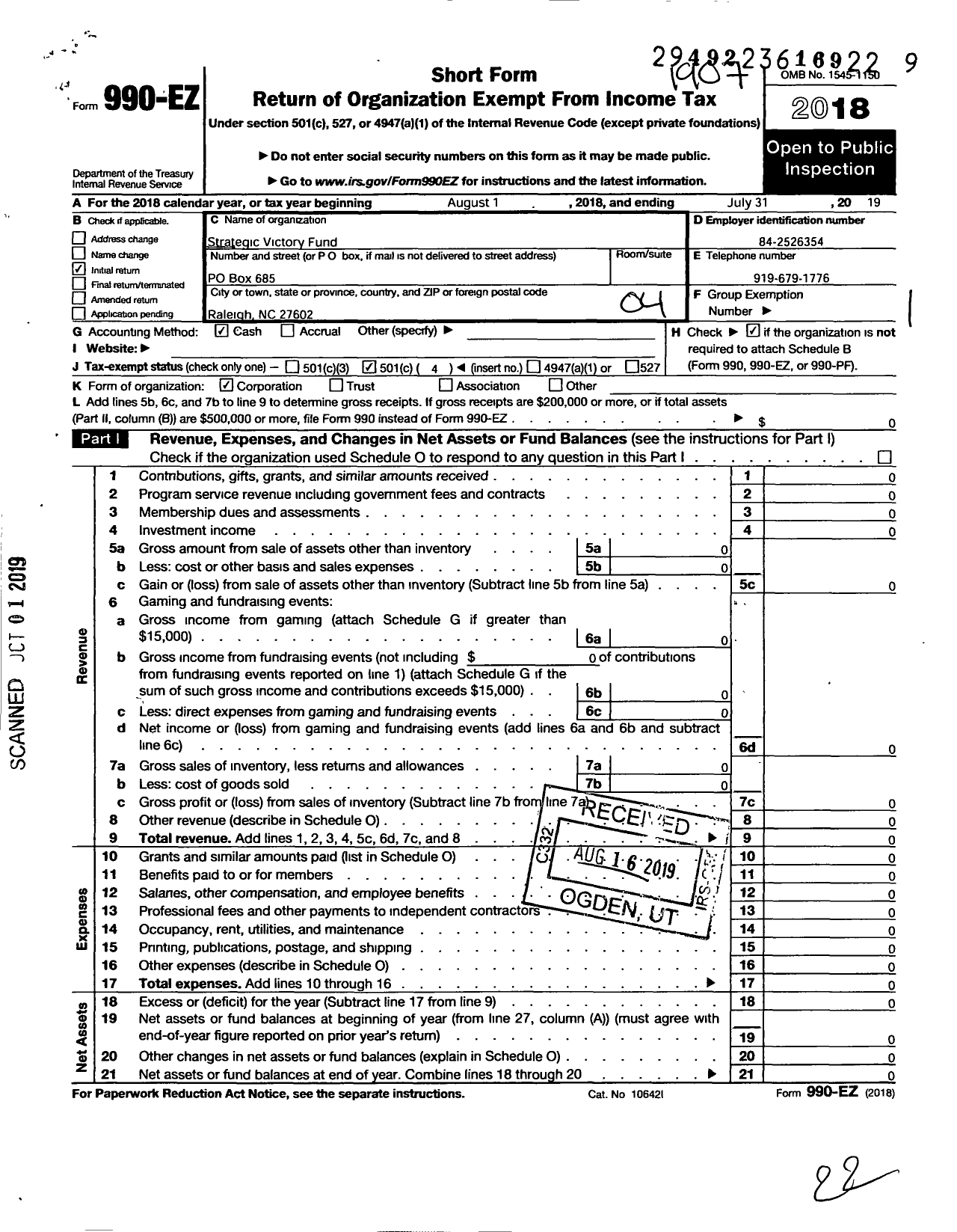 Image of first page of 2018 Form 990EO for Strategic Victory Fund