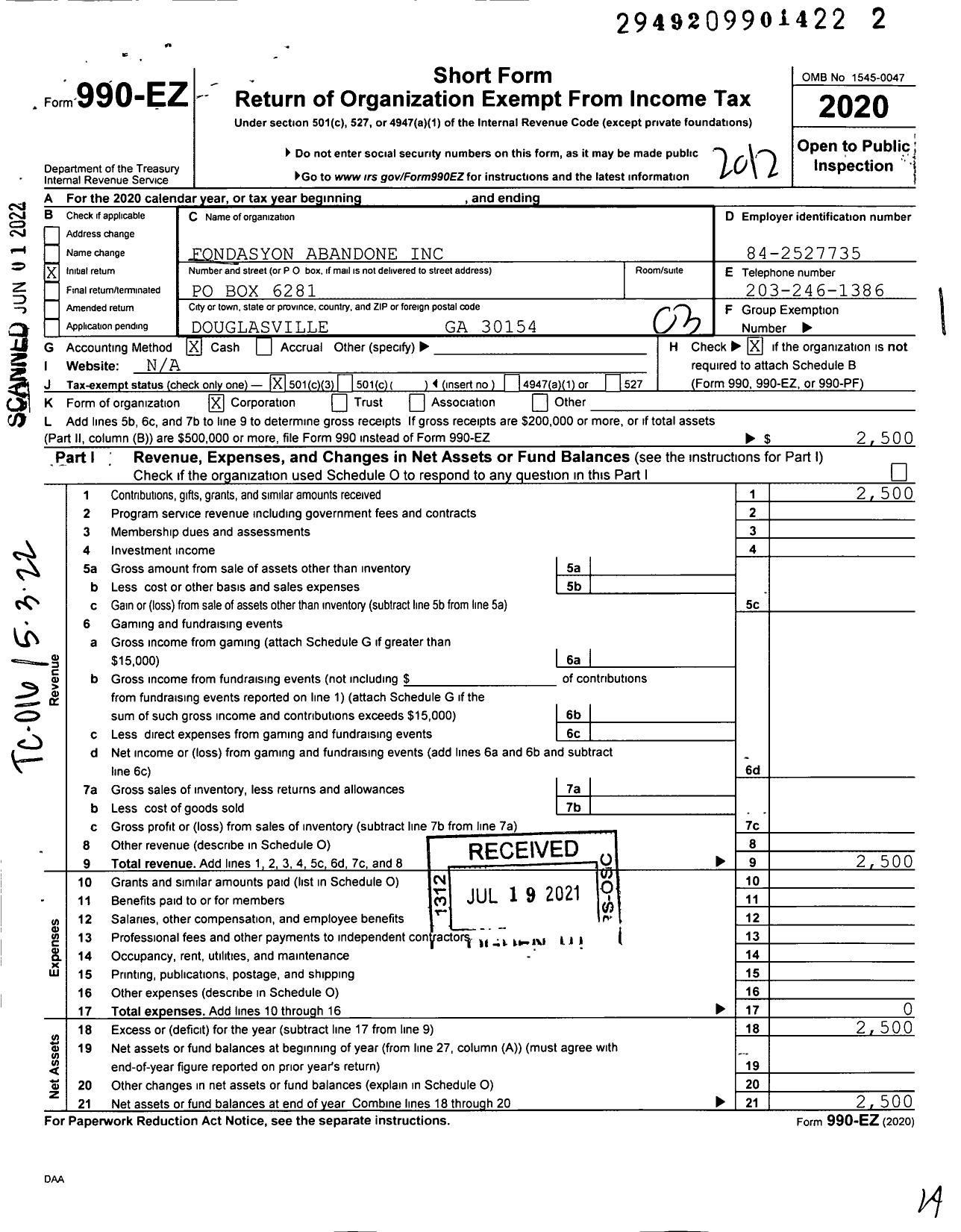 Image of first page of 2020 Form 990EZ for Fondasyon Abandone