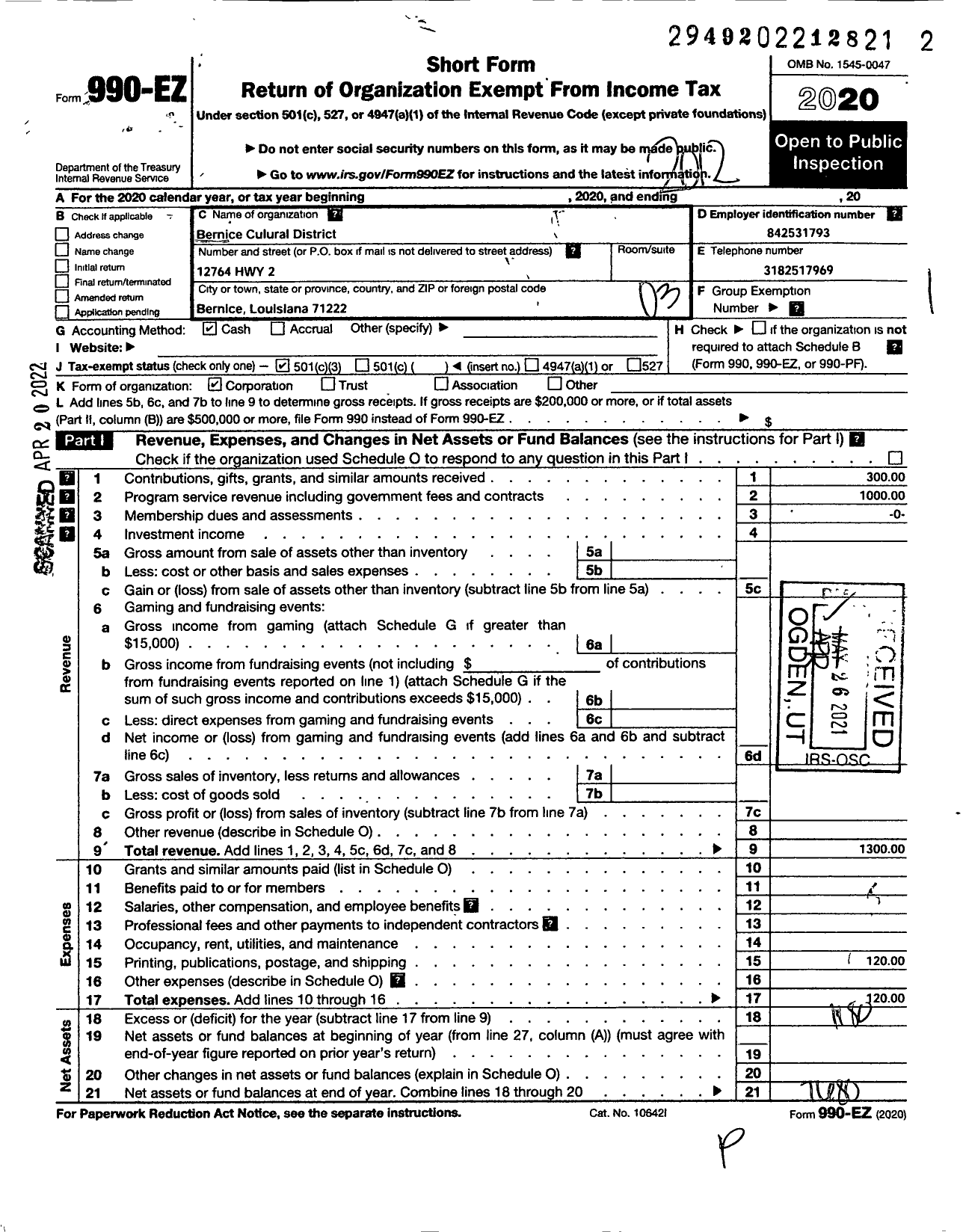 Image of first page of 2020 Form 990EZ for Bernice Cultural District (BCD)