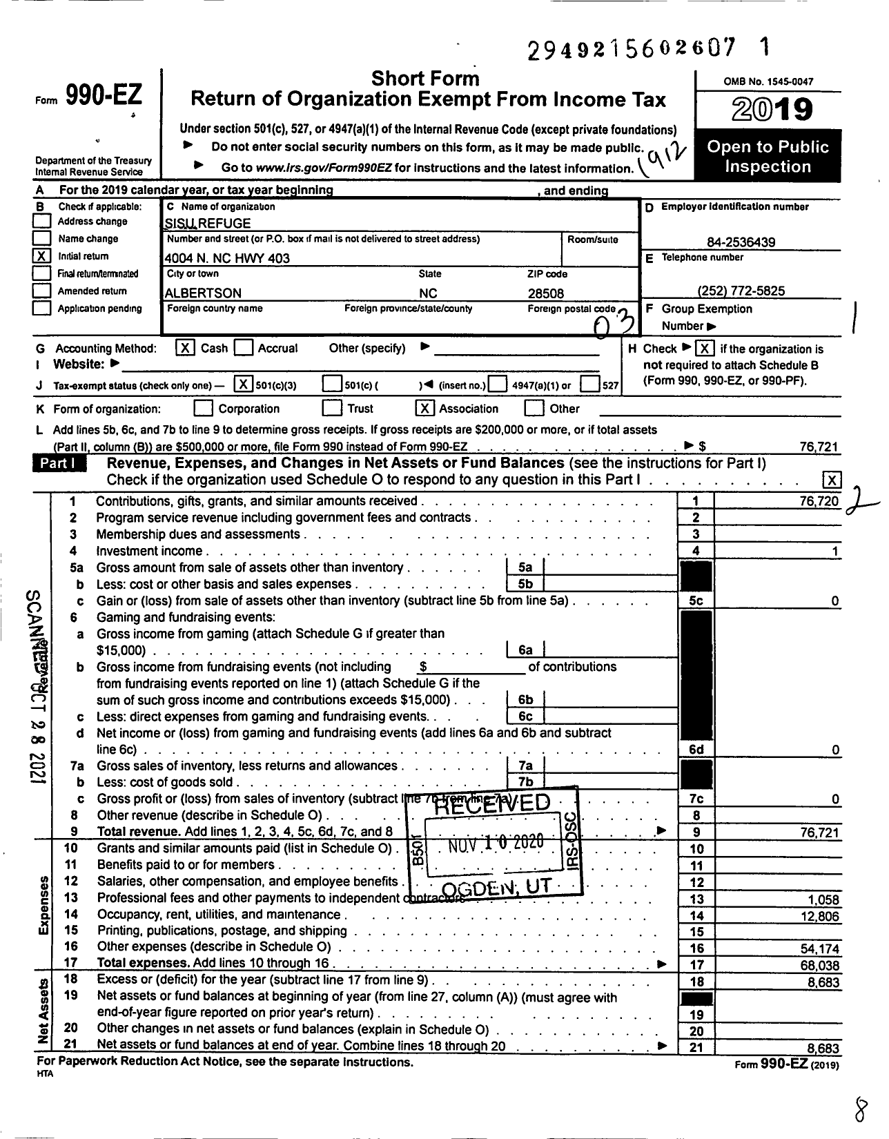 Image of first page of 2019 Form 990EZ for Sisu Refuge