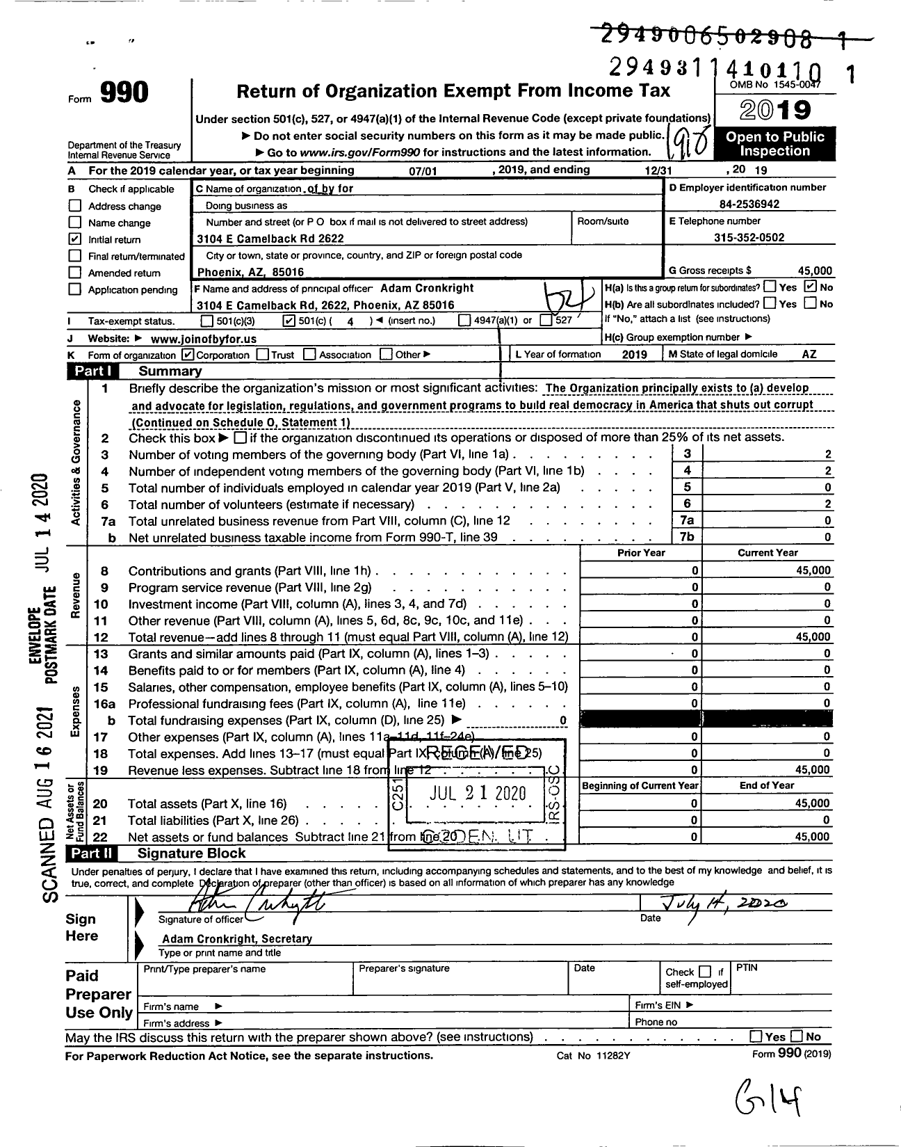 Image of first page of 2019 Form 990O for Of By for