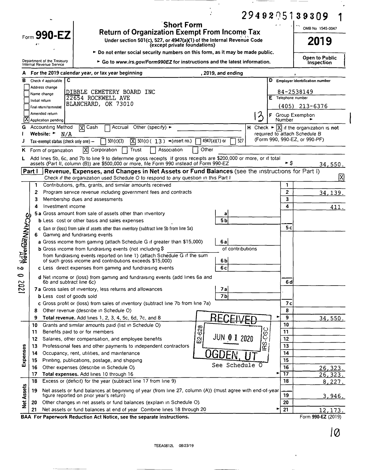 Image of first page of 2019 Form 990EO for Dibble Cemetery Board