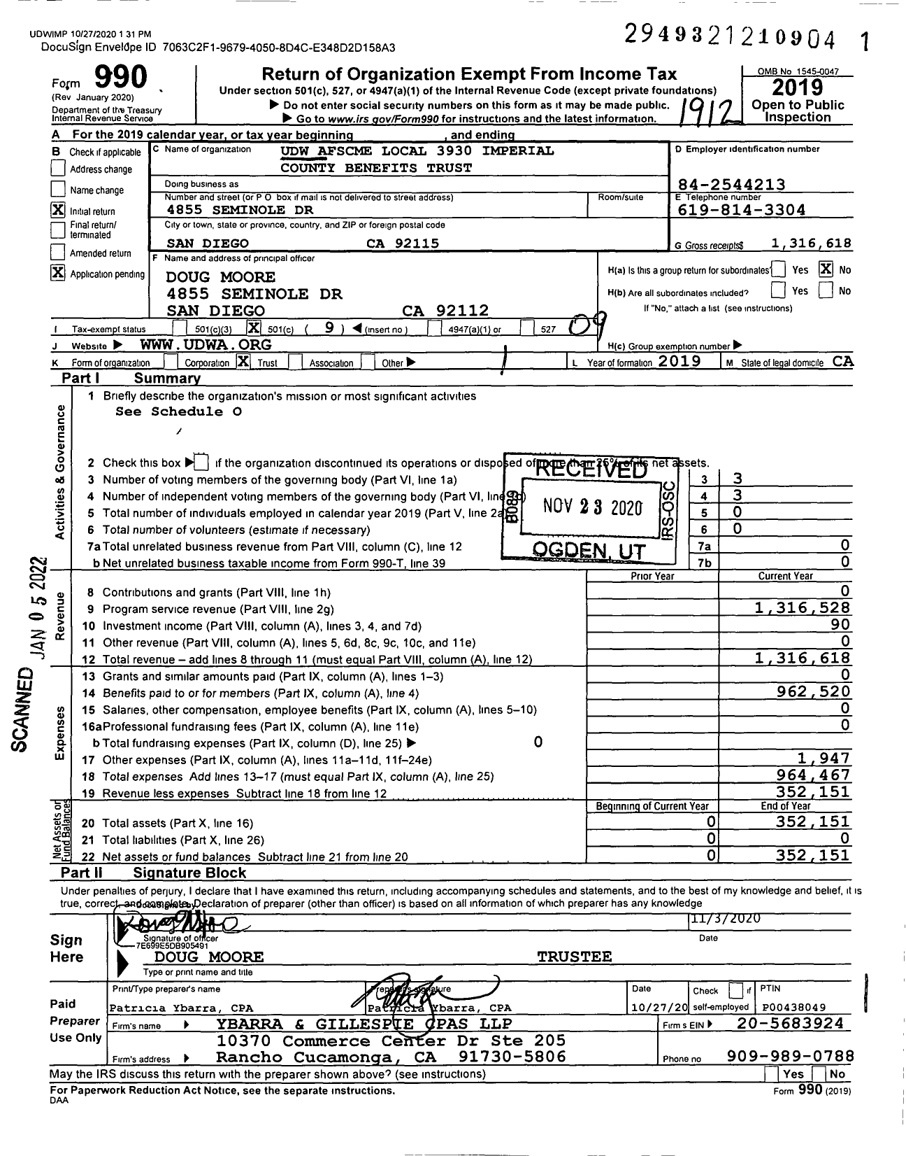 Image of first page of 2019 Form 990O for Udw AFSCME Local 3930 Imperial County Benefits Trust