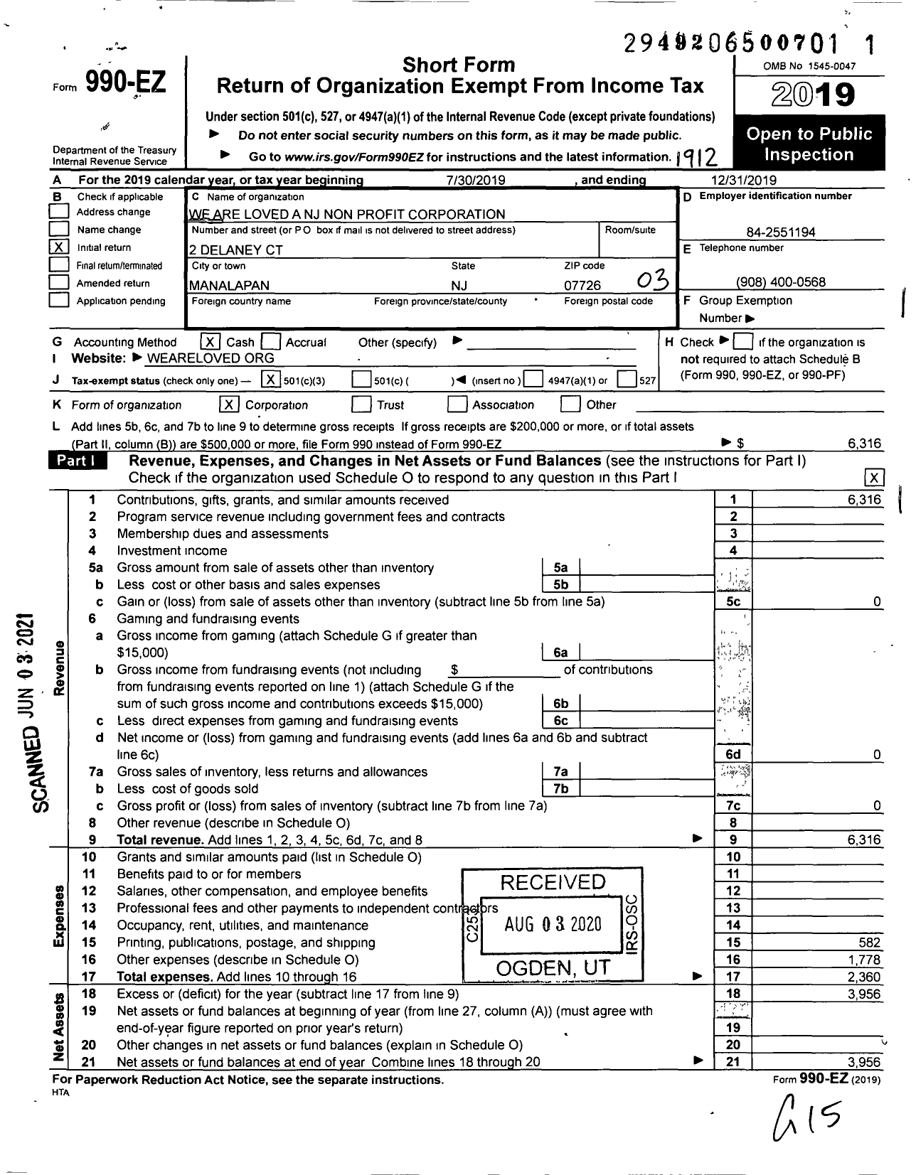 Image of first page of 2019 Form 990EZ for We Are Loved A NJ Non Profit Corporation