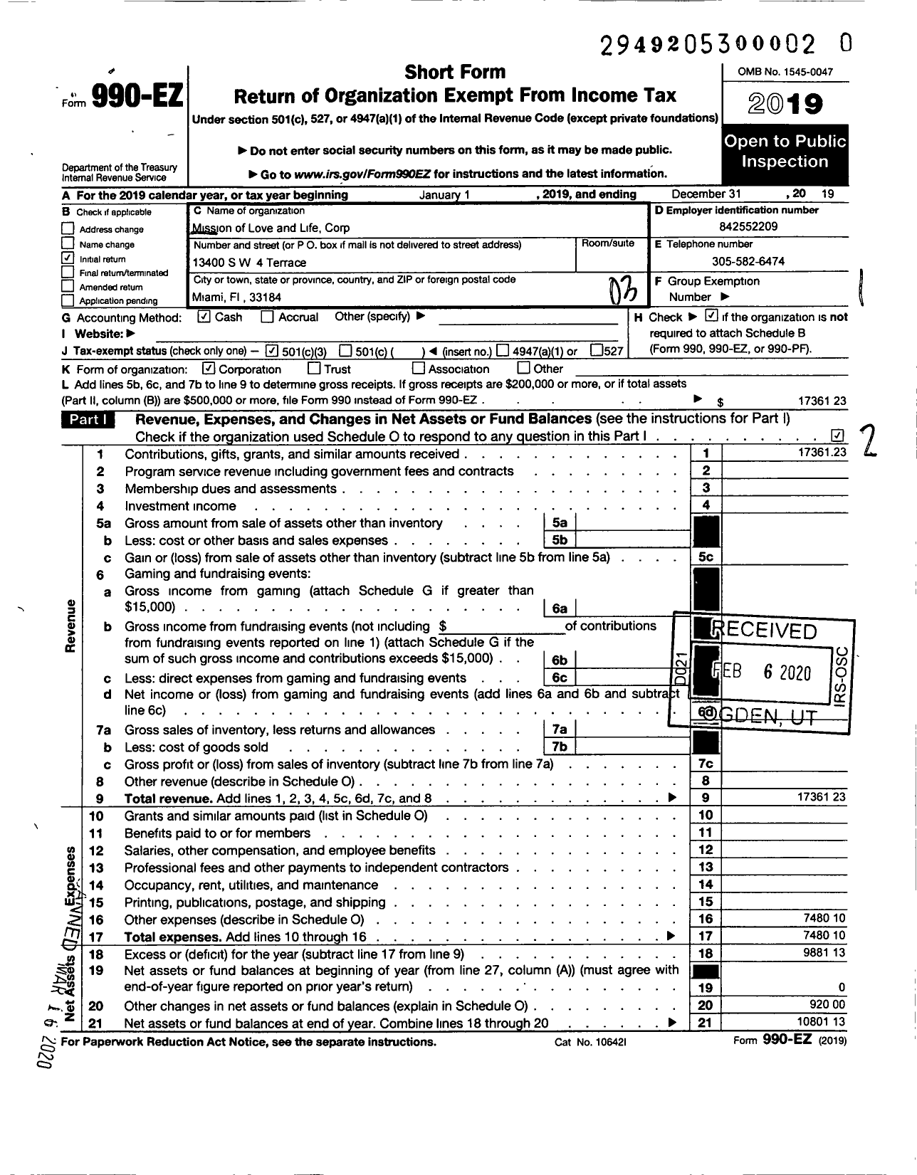 Image of first page of 2019 Form 990EZ for Mission of Love and Life