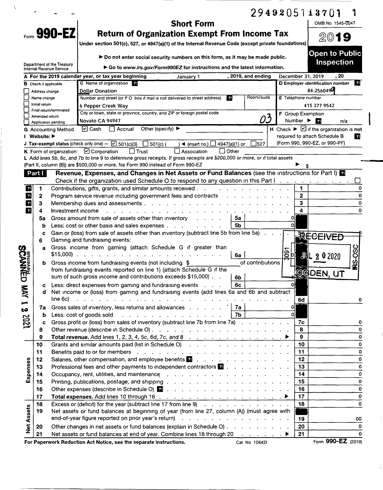 Image of first page of 2019 Form 990EZ for Dollar Donation
