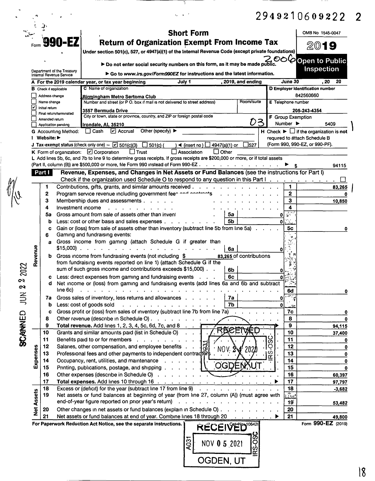 Image of first page of 2019 Form 990EZ for Sertoma - Birmingham Metro Sertoma Club