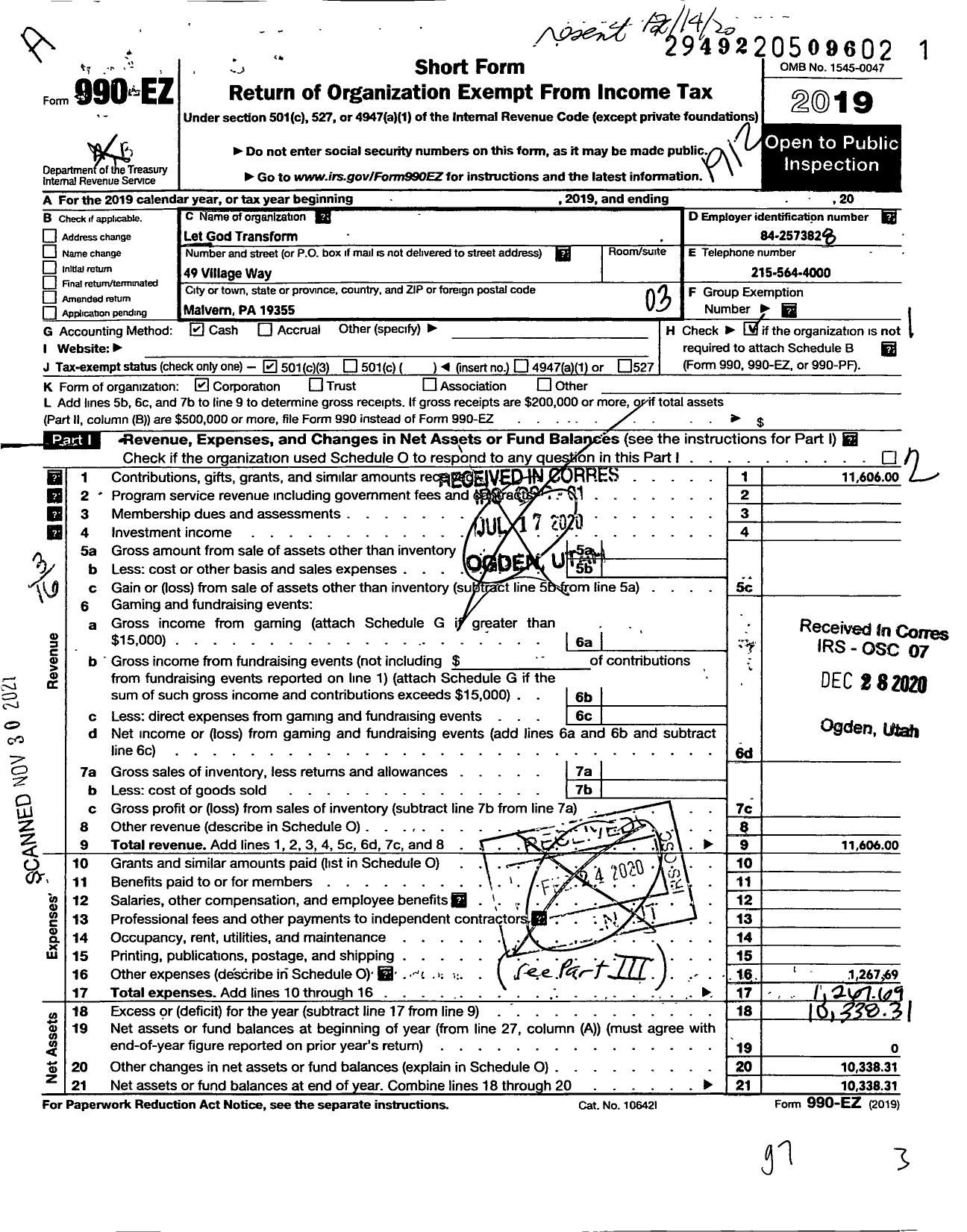 Image of first page of 2019 Form 990EZ for Let God Transform